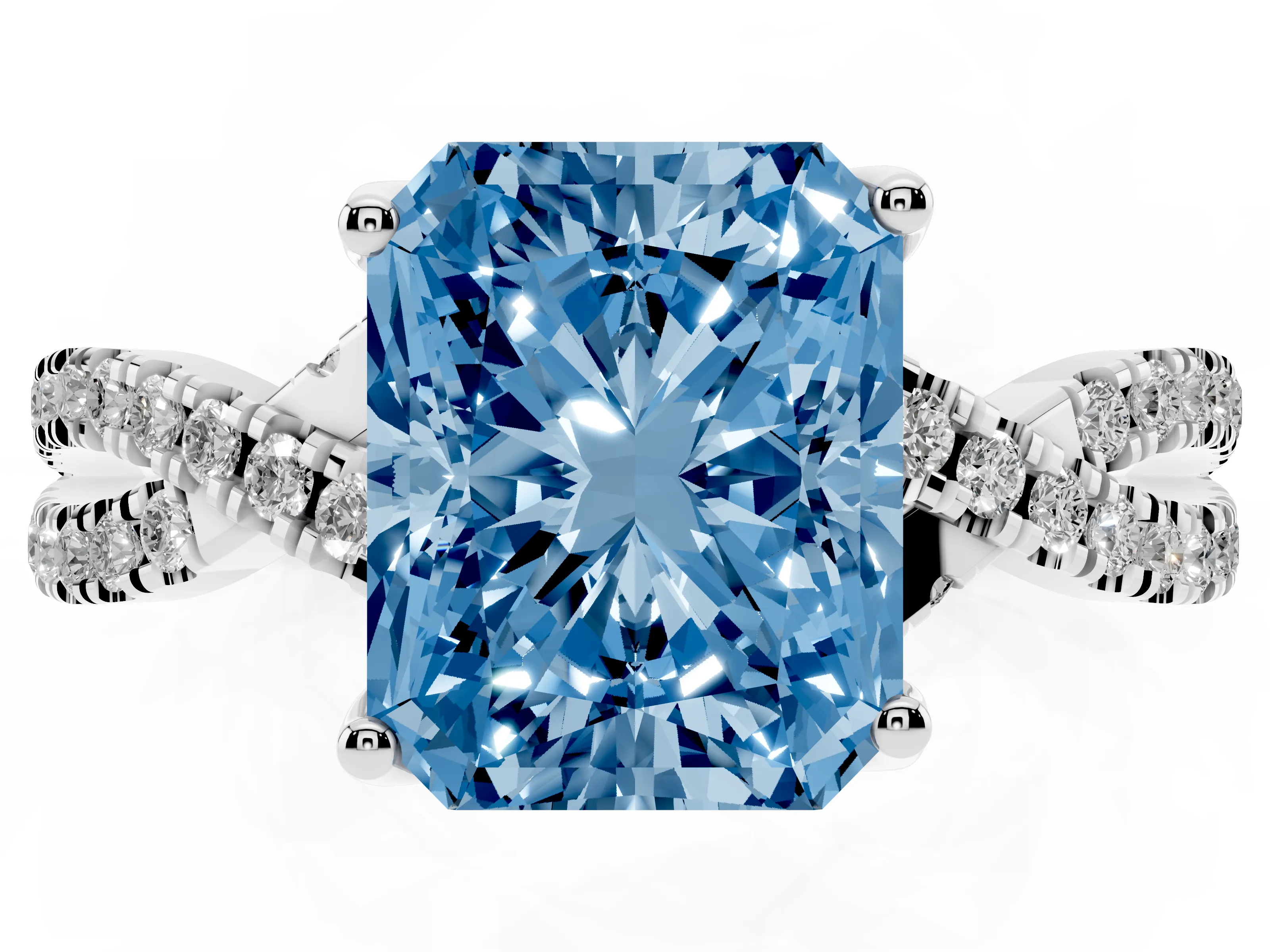 Fancy Blue Radiant Cut Diamond Twist Pavé Solitaire Engagement Ring Set in Silver with Prong Setting