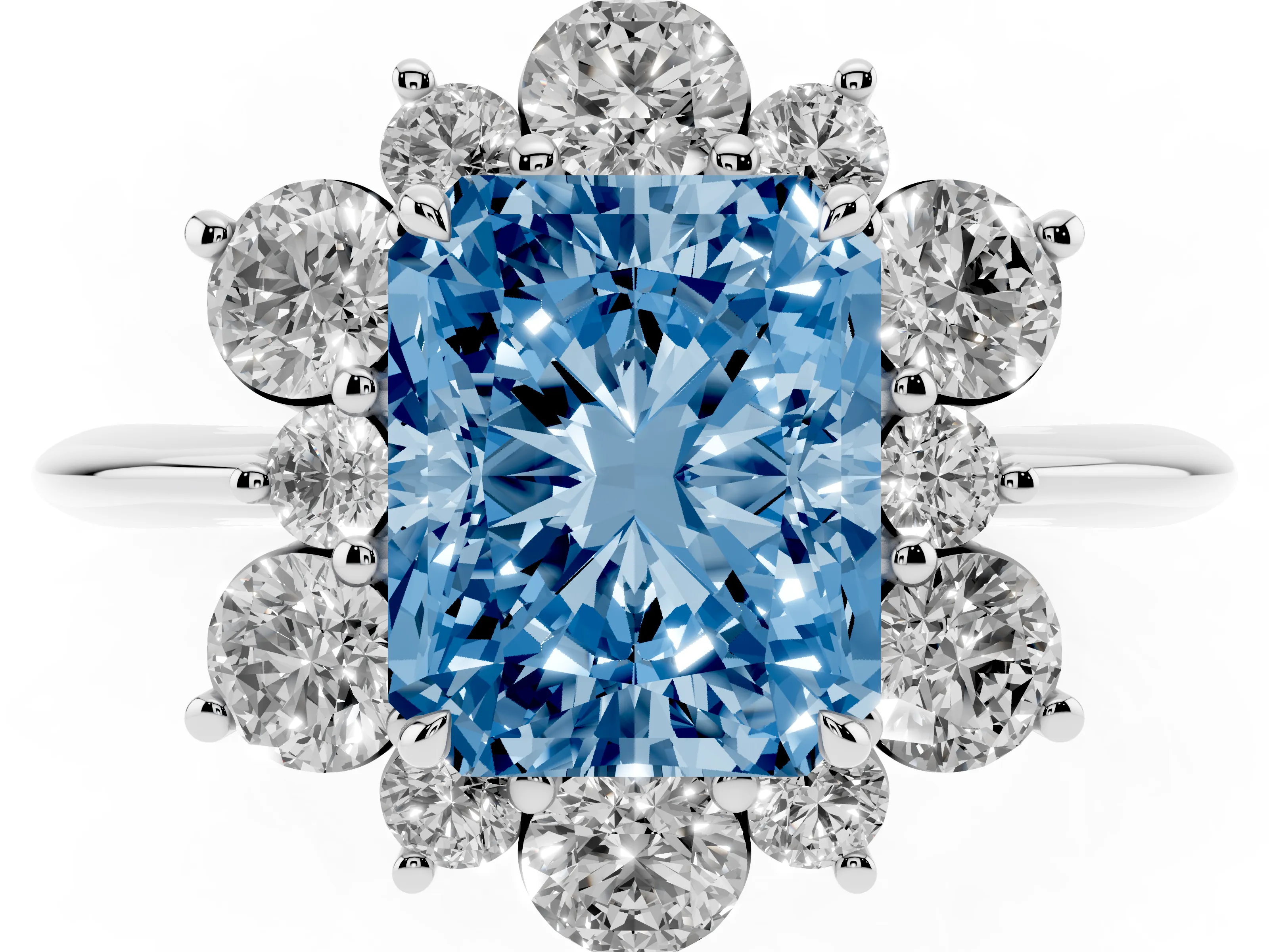 Fancy Blue Radiant Cut Diamond Cluster Halo Ring Set in Platinum with Solitaire Band and Prong Setting