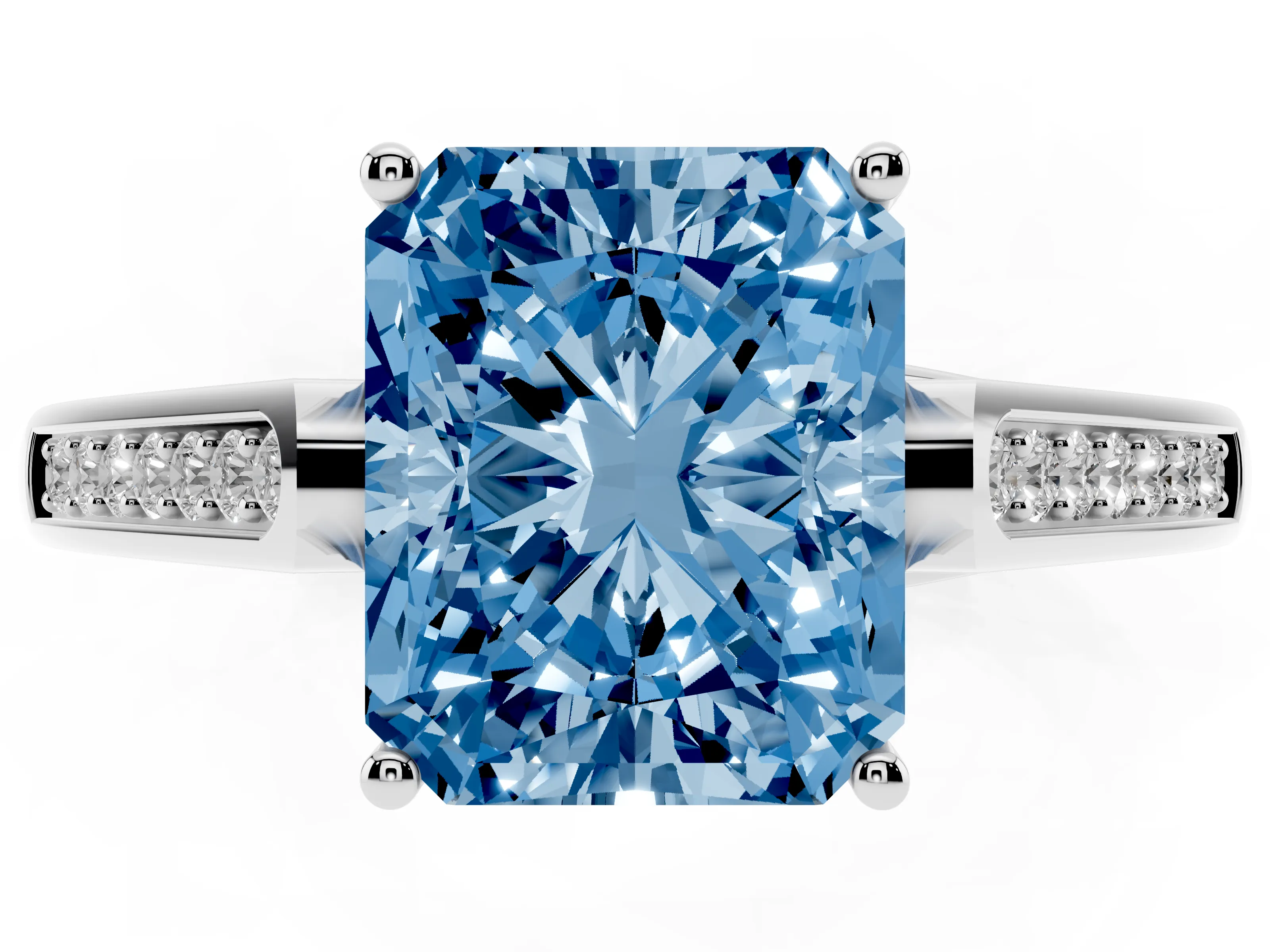 Fancy Blue Radiant Cut Diamond Solitaire Cathedral Engagement Ring Set in Platinum with Channel-Set Band and Prong Setting
