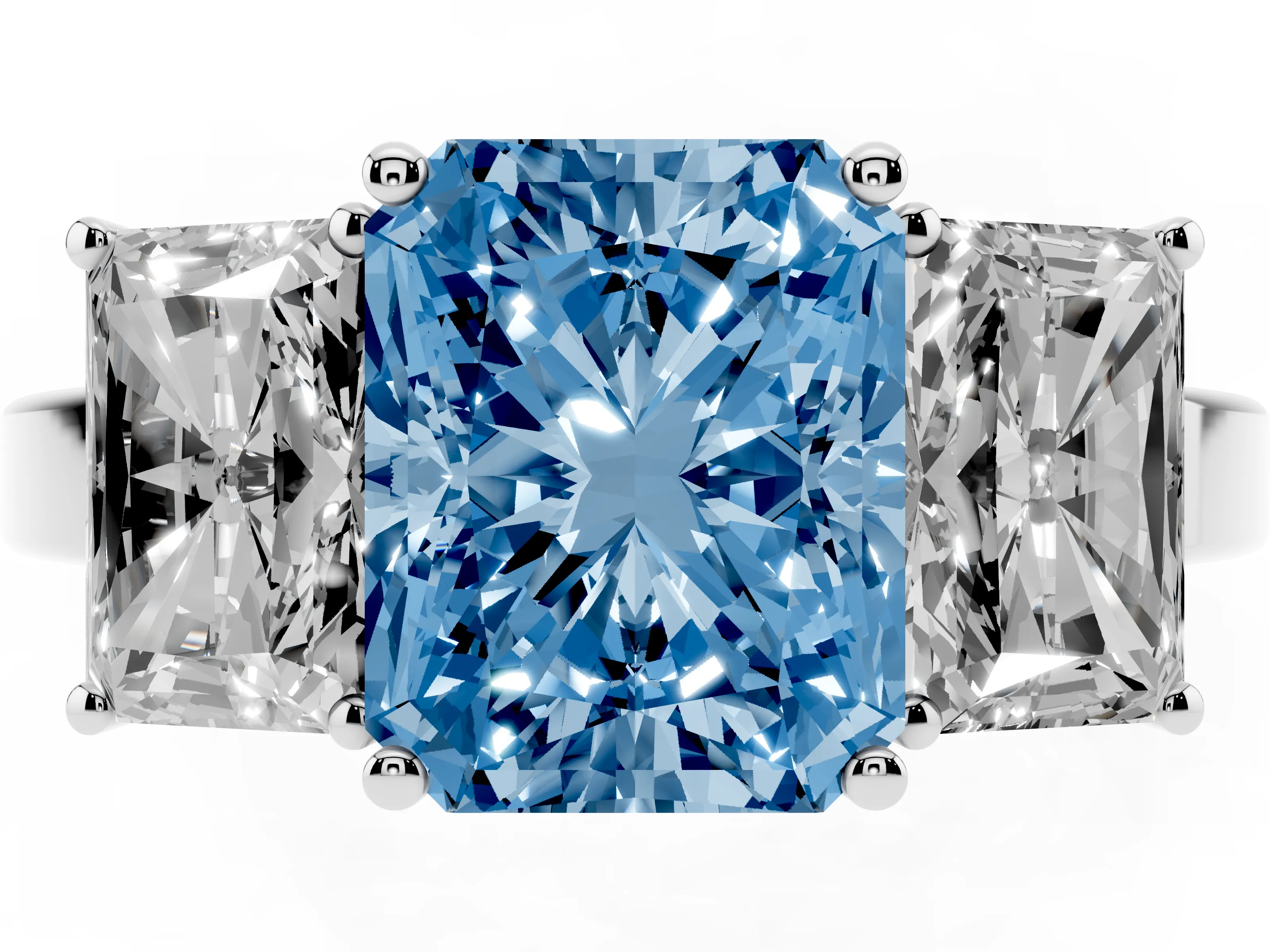 Fancy Blue Radiant Cut Diamond Three-Stone Engagement Ring Set in White gold with Flat Band