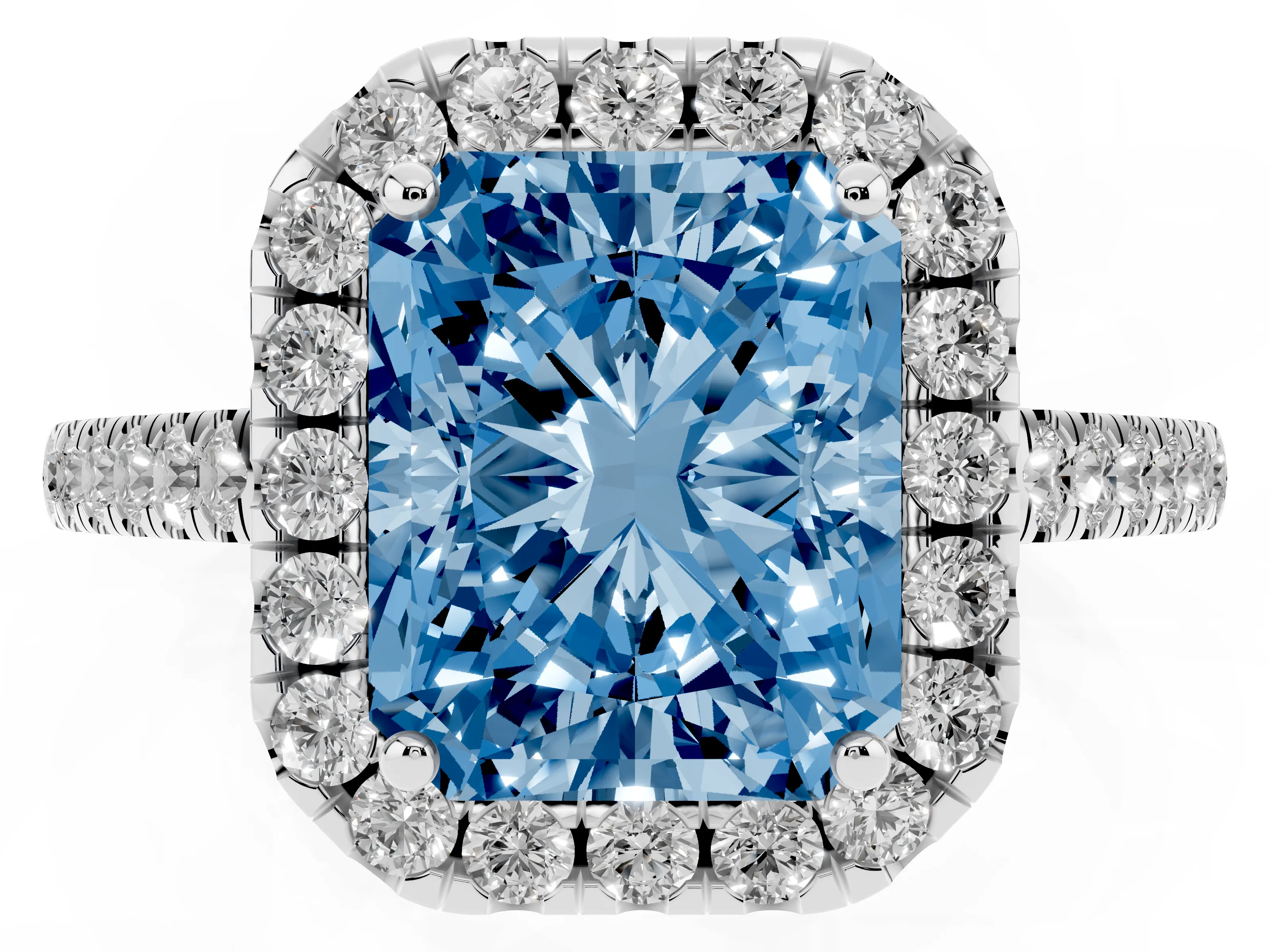 Fancy Blue Radiant Cut Diamond Pavé Halo Engagement Ring Set in White gold with Pavé Band and Prong Setting