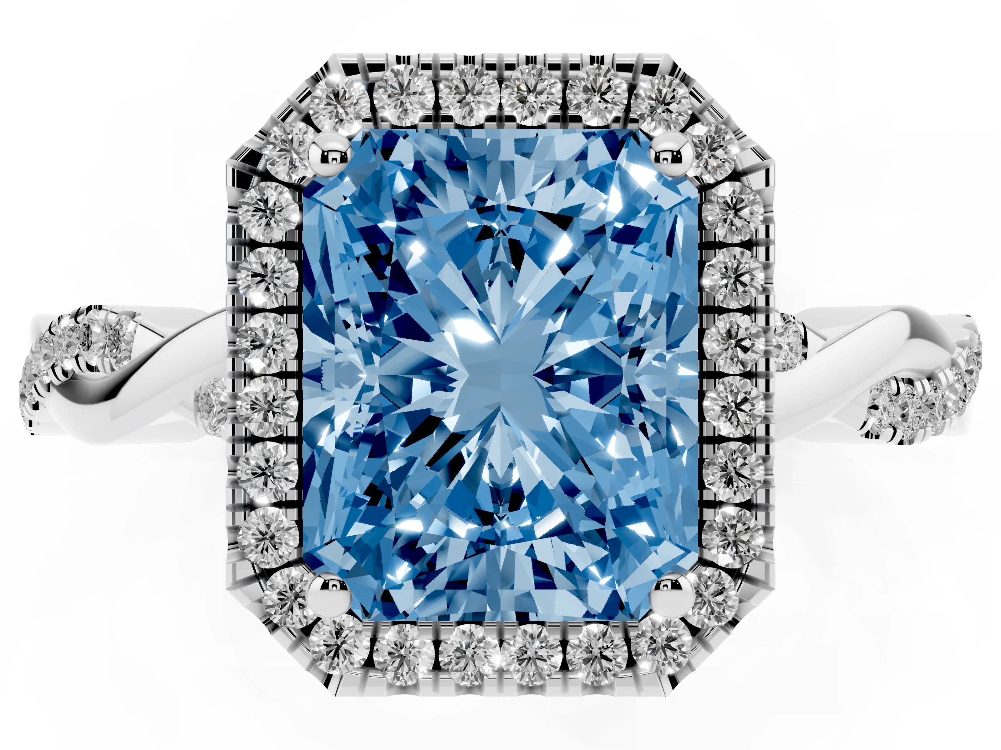 Fancy Blue Radiant Cut Diamond Halo Twisted Band Ring Set in Platinum with Prong Setting
