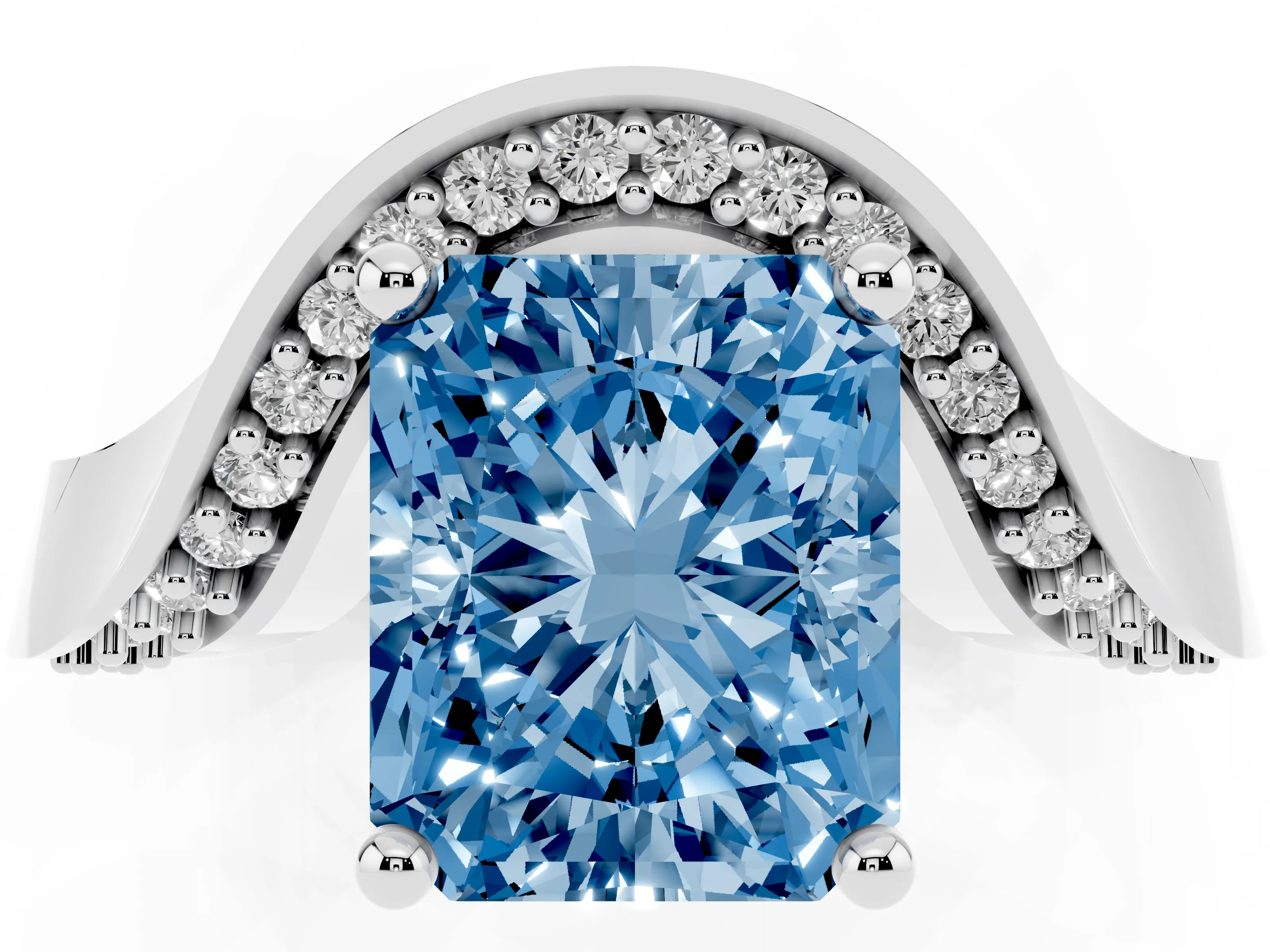 Fancy Blue Radiant Cut Diamond Solitaire Engagement Ring Set in Platinum with Pavé Shoulders