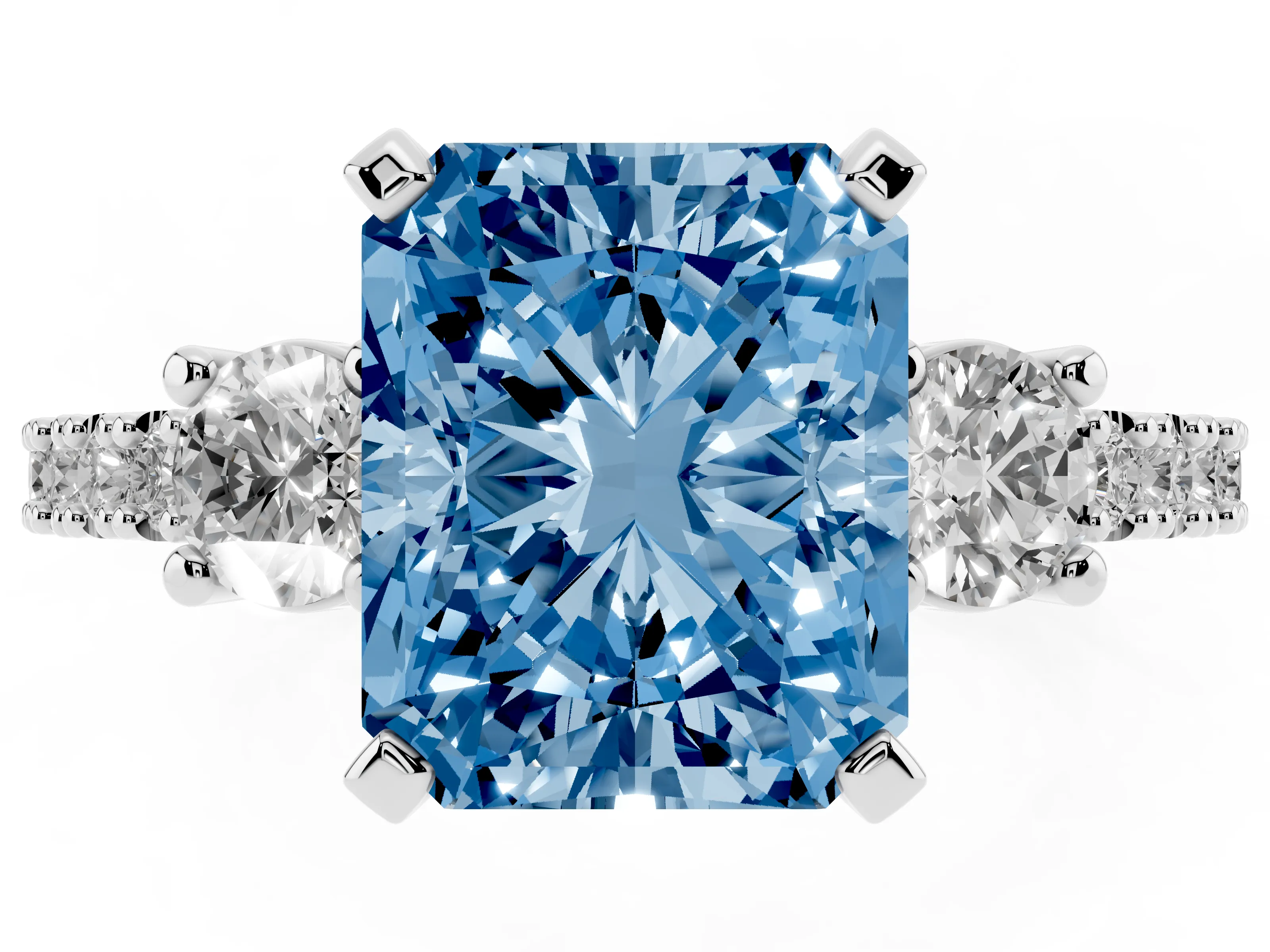 Fancy Blue Three-Stone Radiant Cut Diamond Pavé Band Ring Set in Silver with Prong Setting