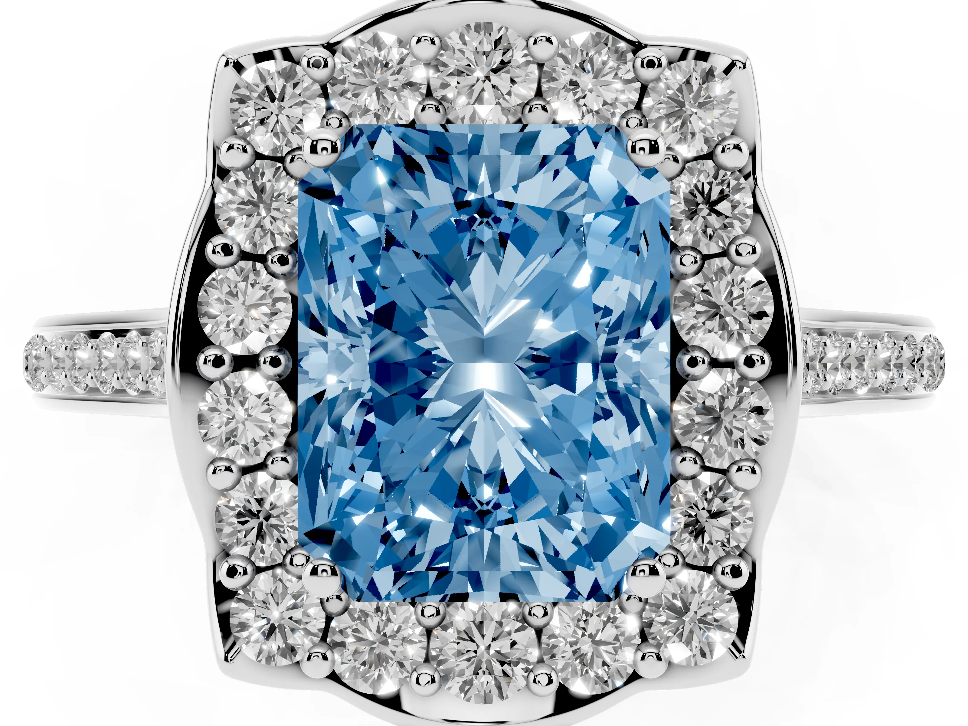 Fancy Blue Radiant Cut Diamond Halo Ring Set in Silver with Pavé-Lined Shoulders and Prong Setting