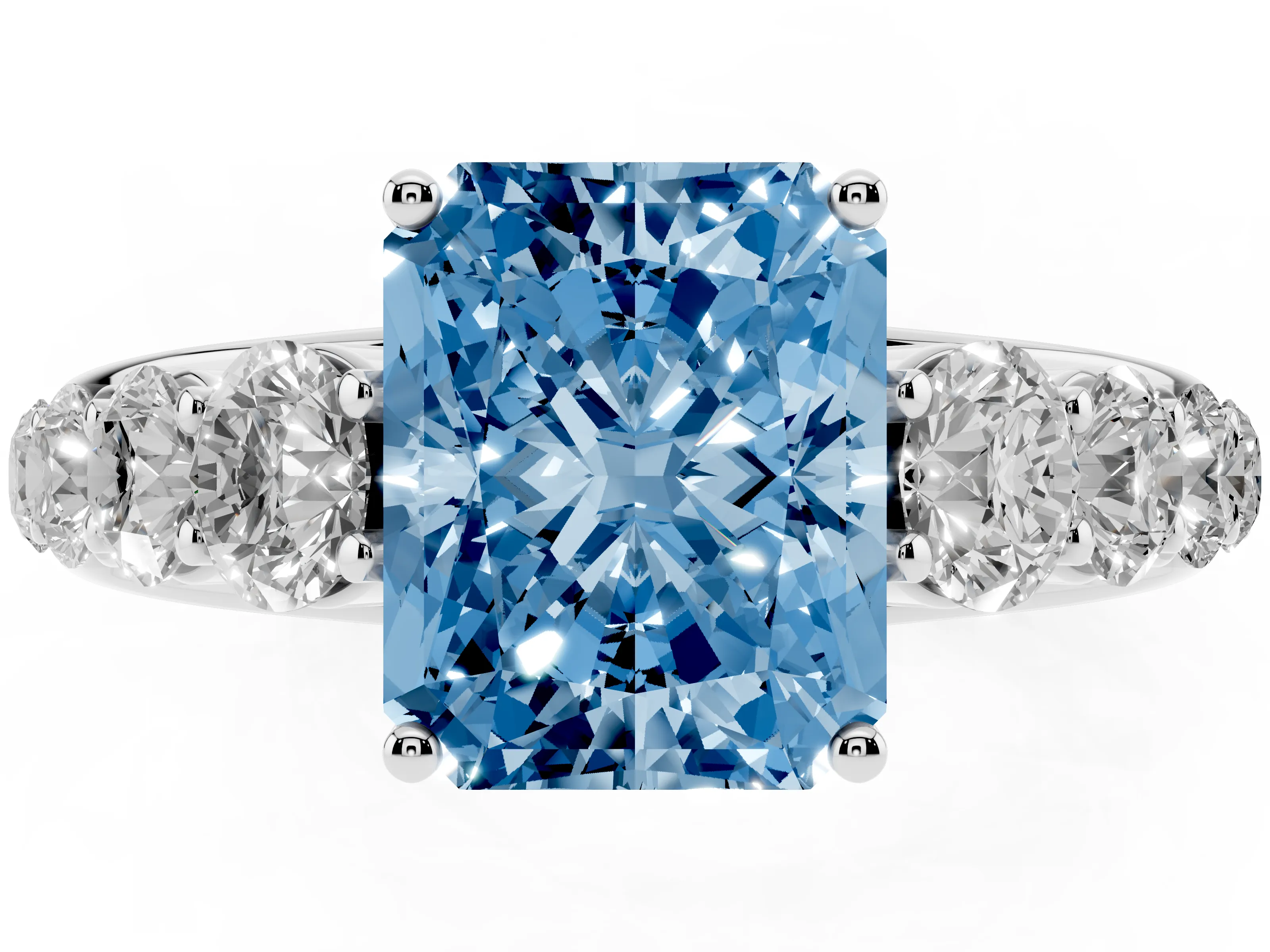 Fancy Blue Radiant Cut Diamond Solitaire Ring Set in Silver with Pavé-Set Band and Prong Setting