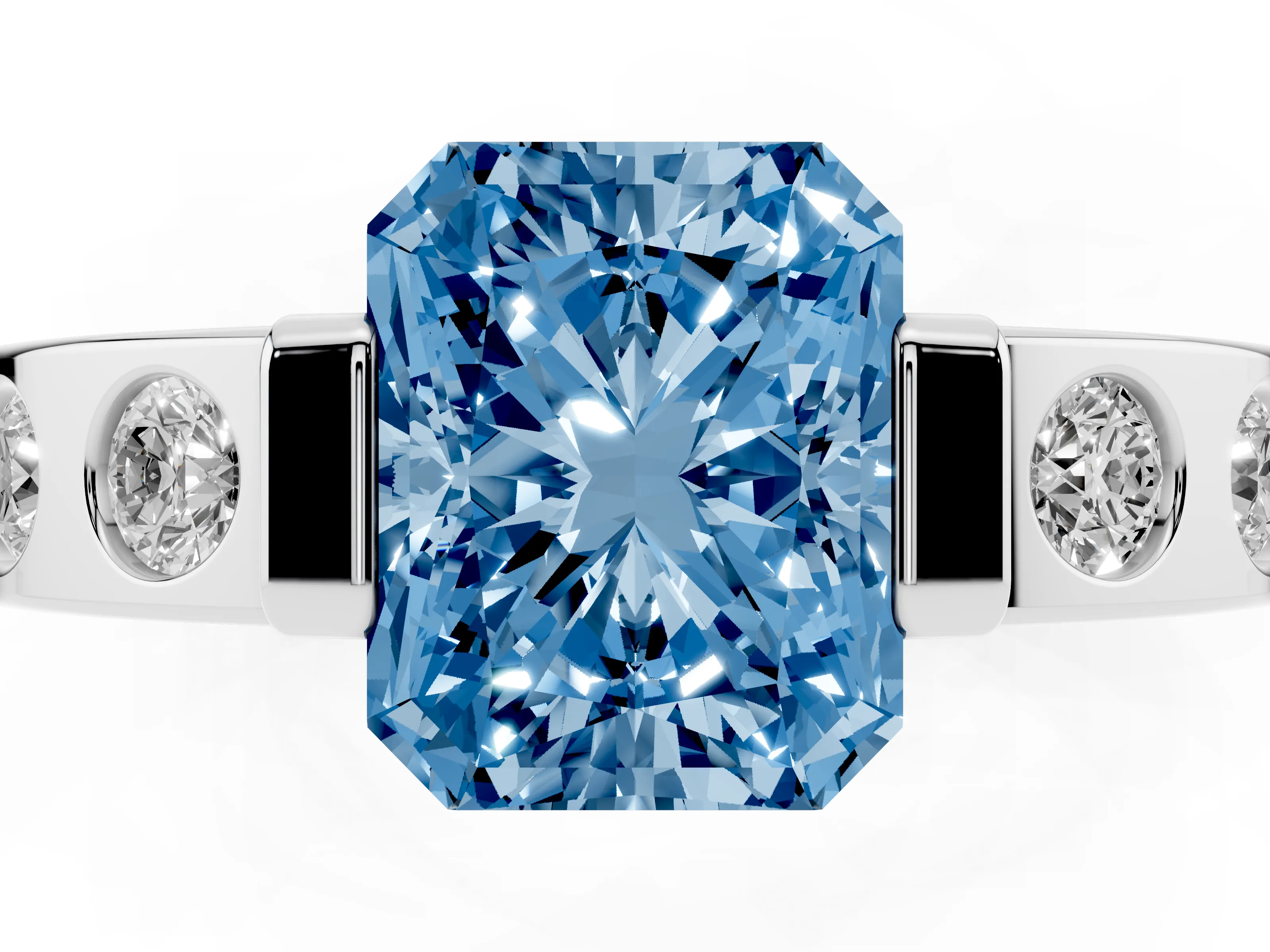 Fancy Blue Radiant Cut Diamond Channel-Set Band Ring Set in White gold with Bezel Prong Setting
