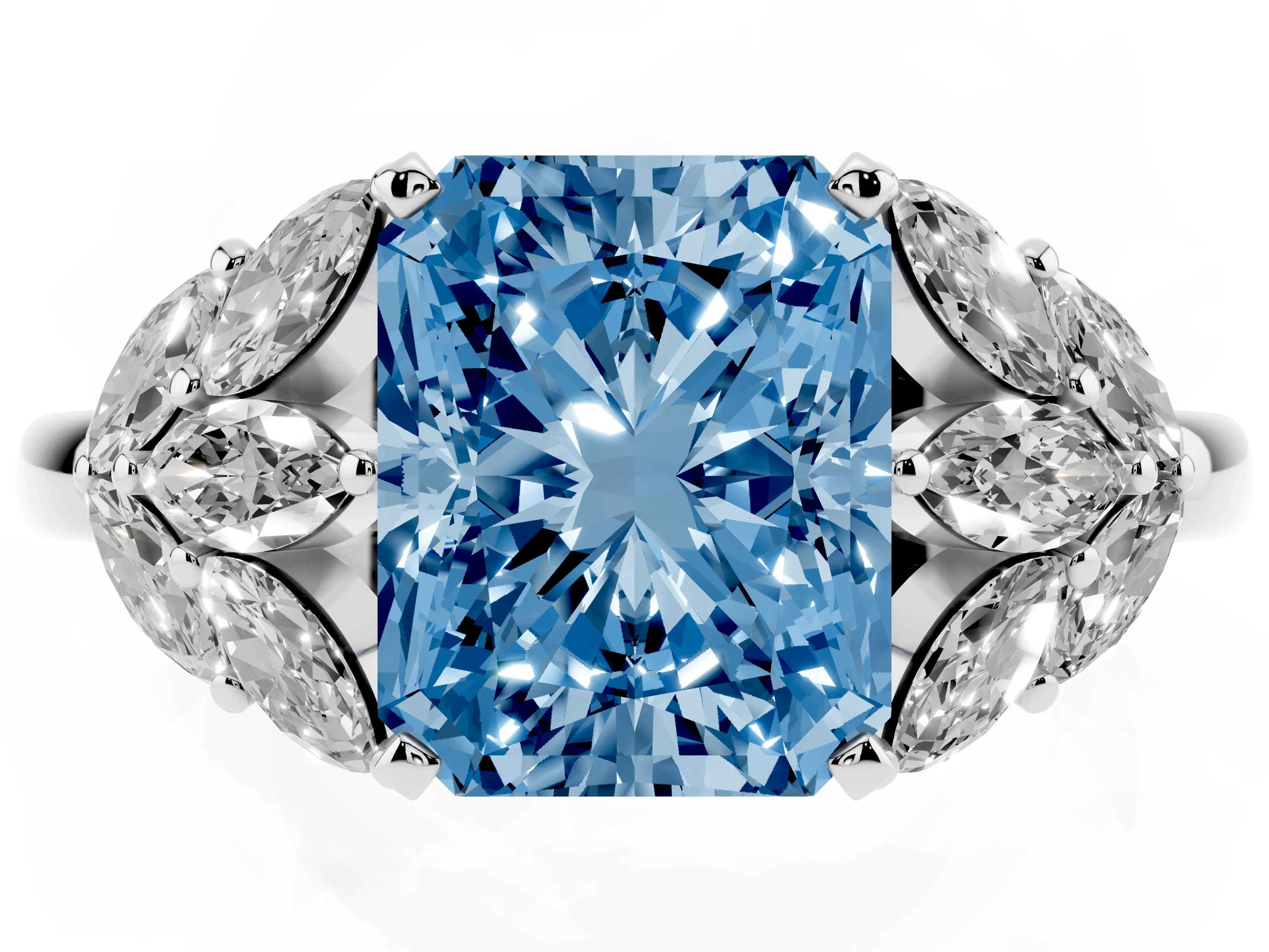 Fancy Blue Radiant Cut Diamond Cluster Leaf Design Ring Set in White gold with Prong Setting