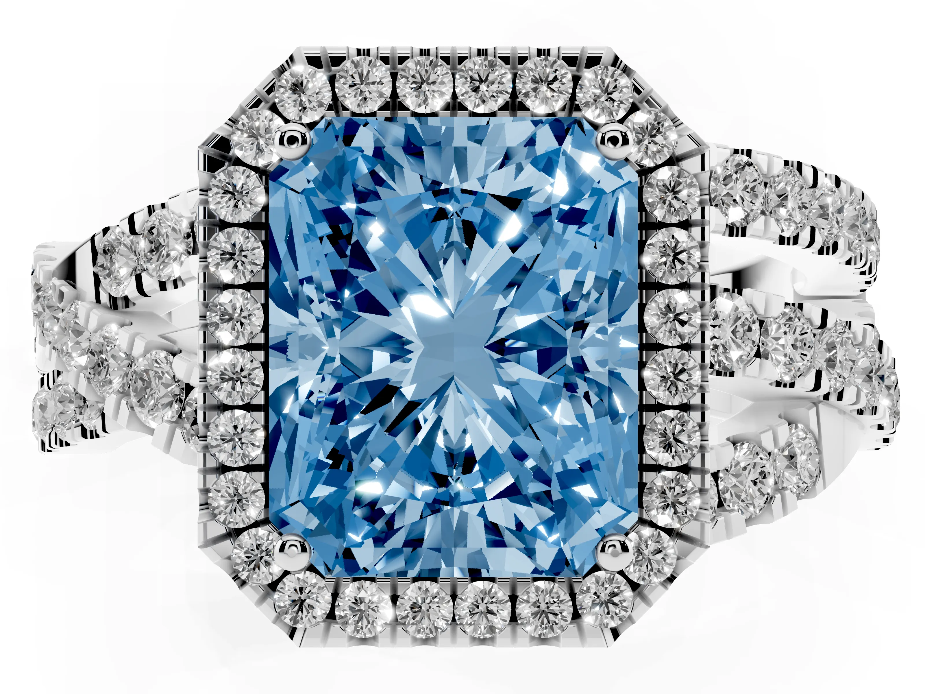 Fancy Blue Radiant Cut Diamond Halo Ring Set in Platinum with Round Crossover Split Shank and Prong Setting