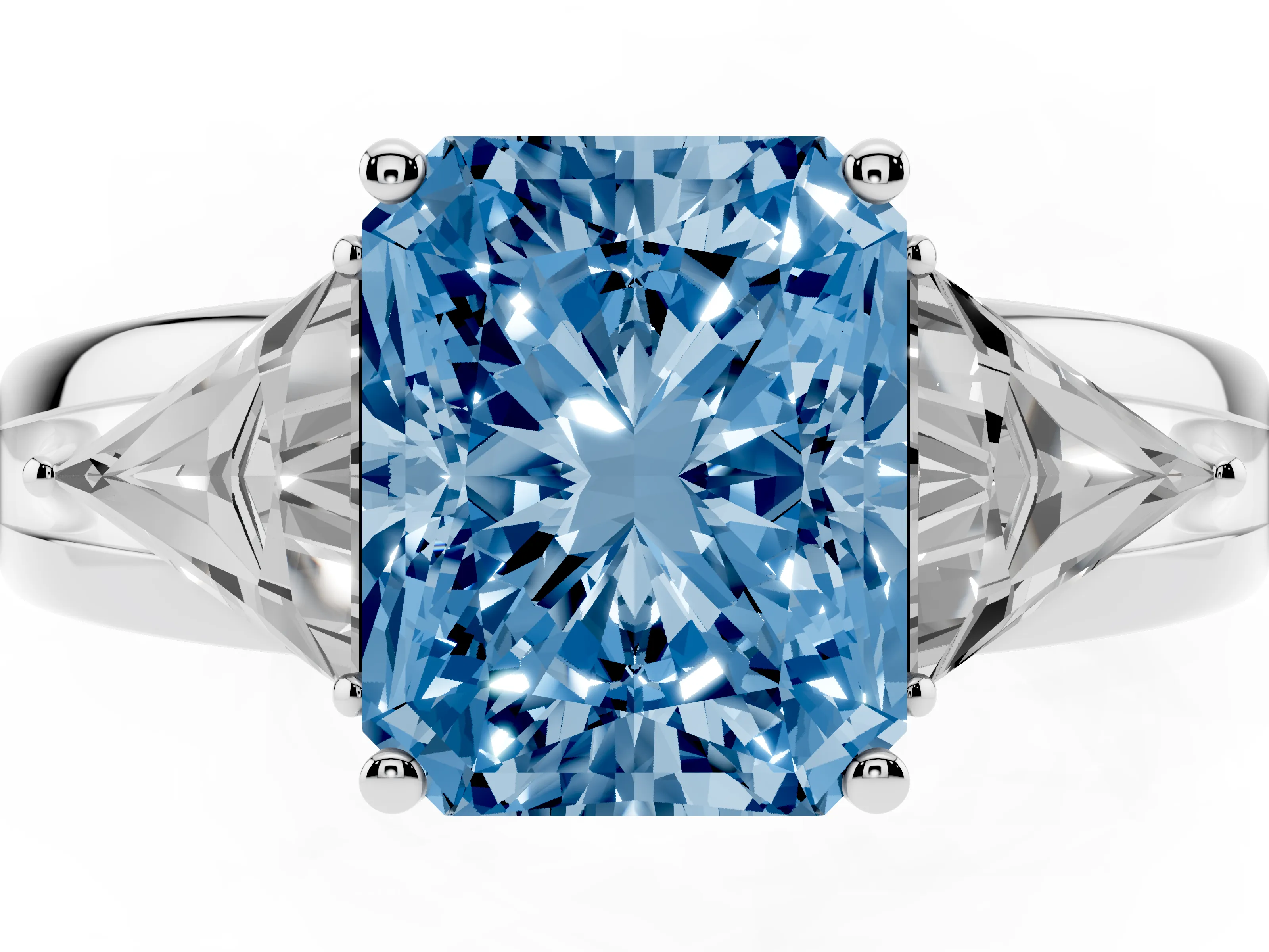 Fancy Blue Radiant Cut Diamond Three-Stone Ring Set in Silver with Trillion Side Stones and Split Shank