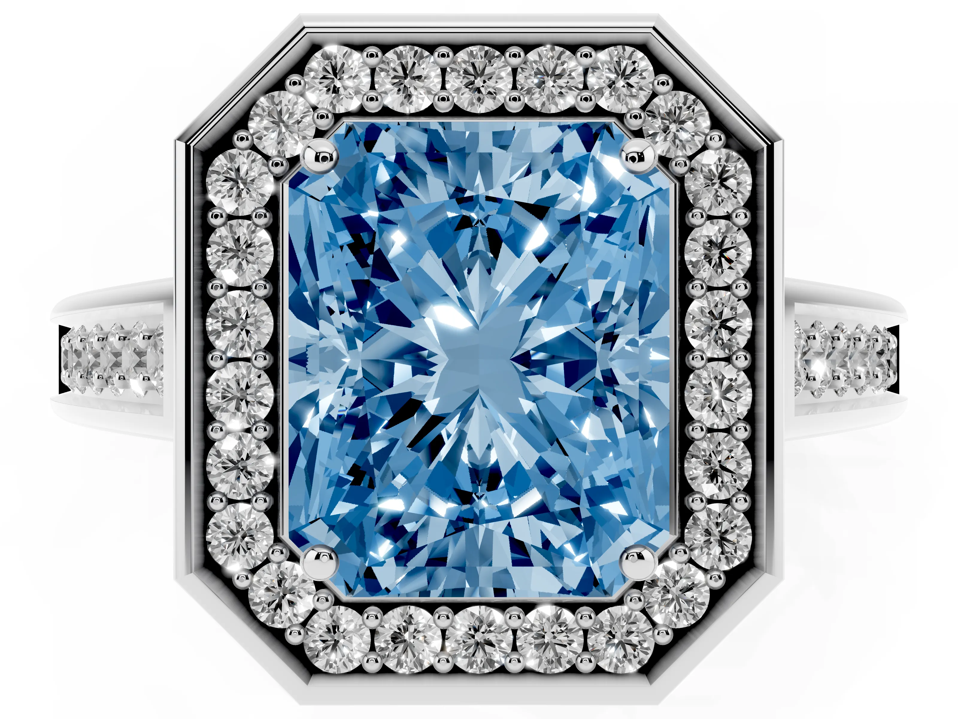 Fancy Blue Radiant Cut Diamond Halo Solitaire Ring Set in White gold with Pavé Band and Bezel Setting