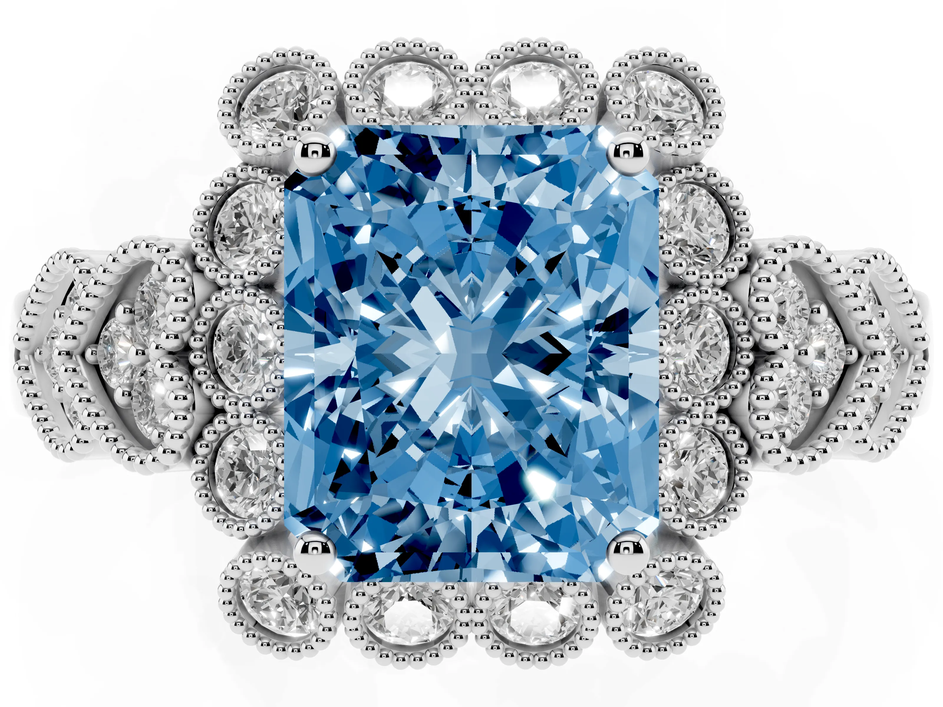 Fancy Blue Radiant Cut Diamond Solitaire Ring Set in Platinum with Milgrain Pavé Heart Band