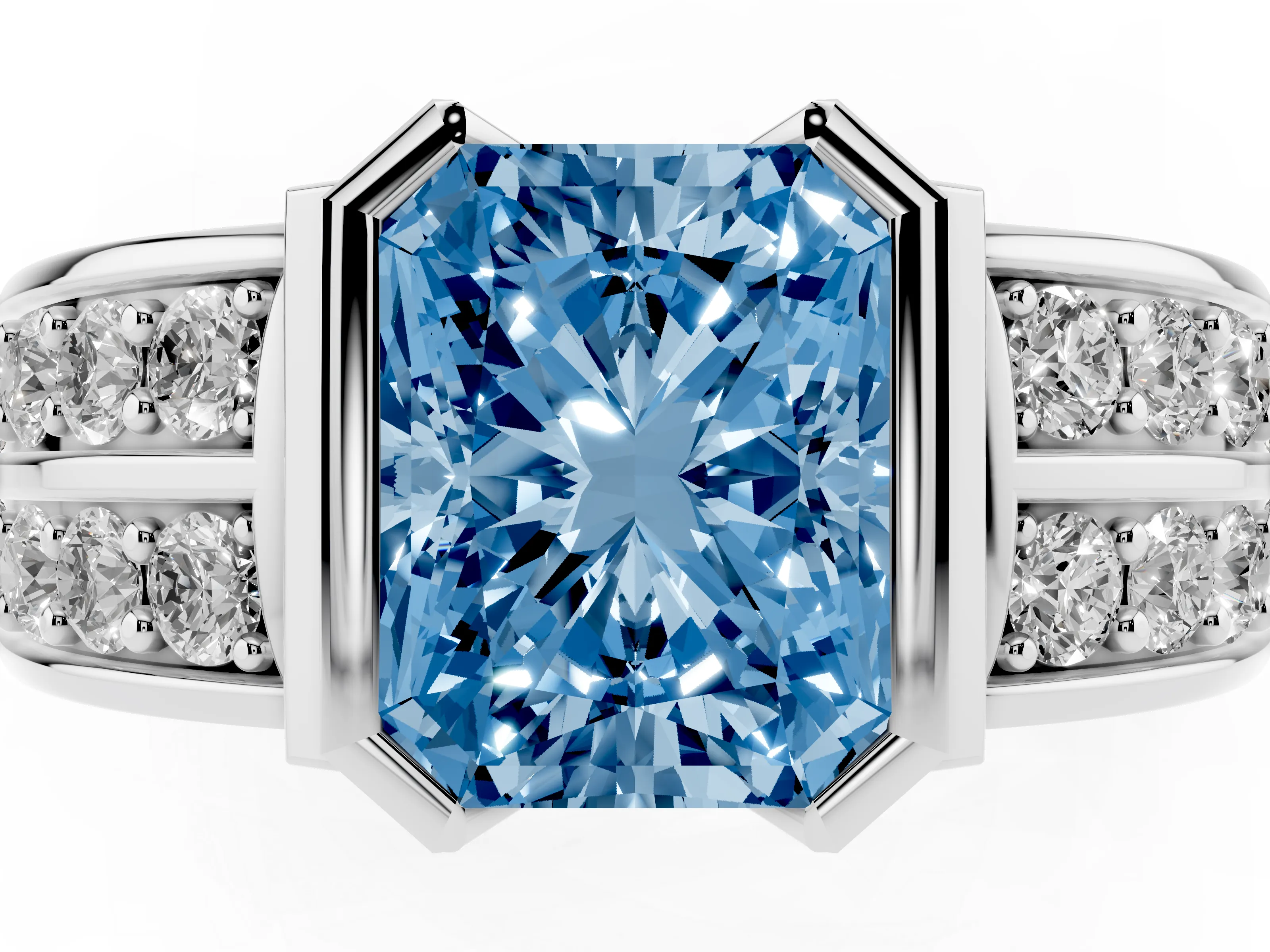 Fancy Blue Radiant Cut Diamond Wide Channel Set Band Ring Set in White gold with Bezel Setting