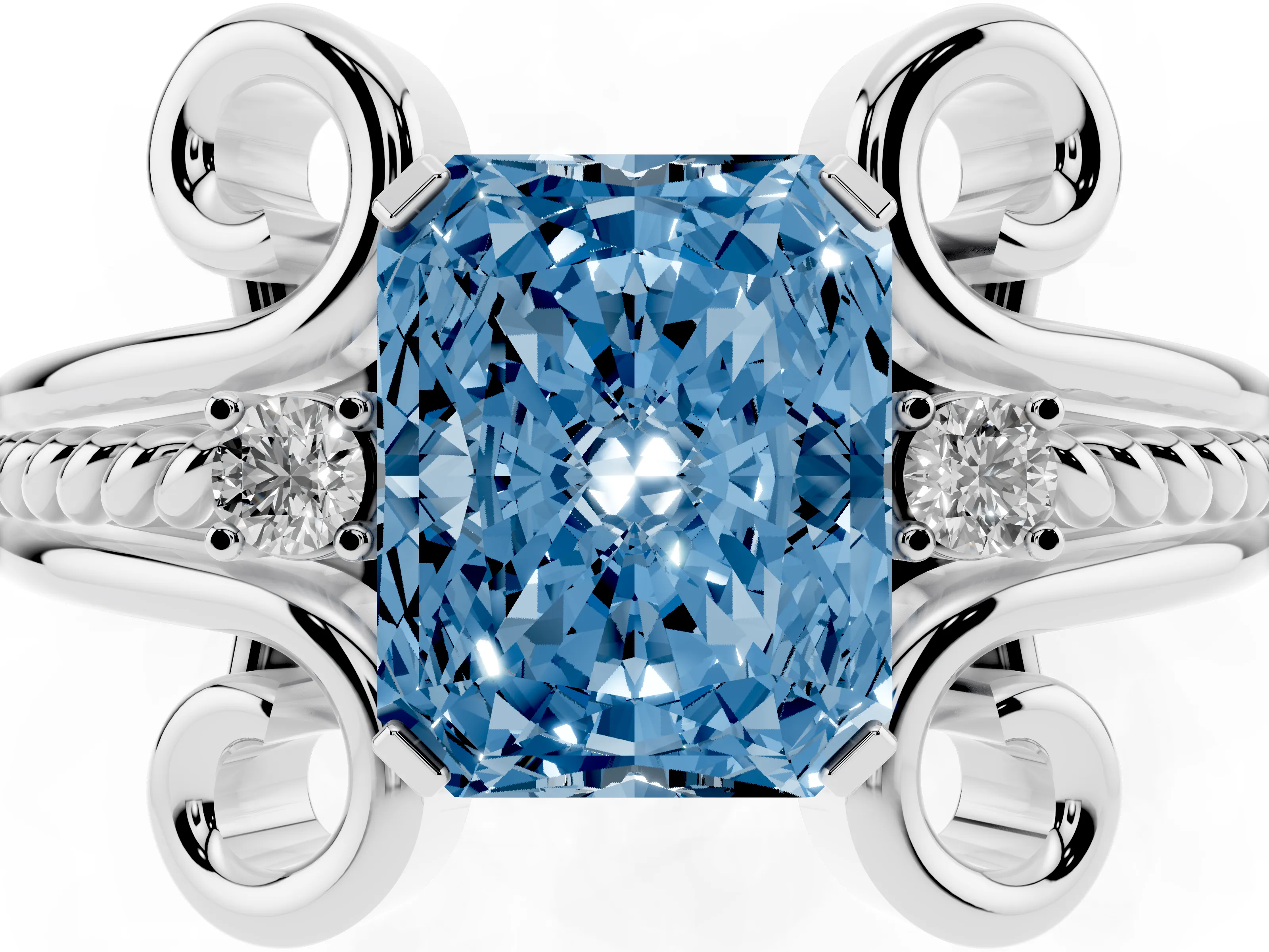 Fancy Blue Radiant Cut Diamond Twisted Band Solitaire Ring Set in Platinum with Scroll Prongs