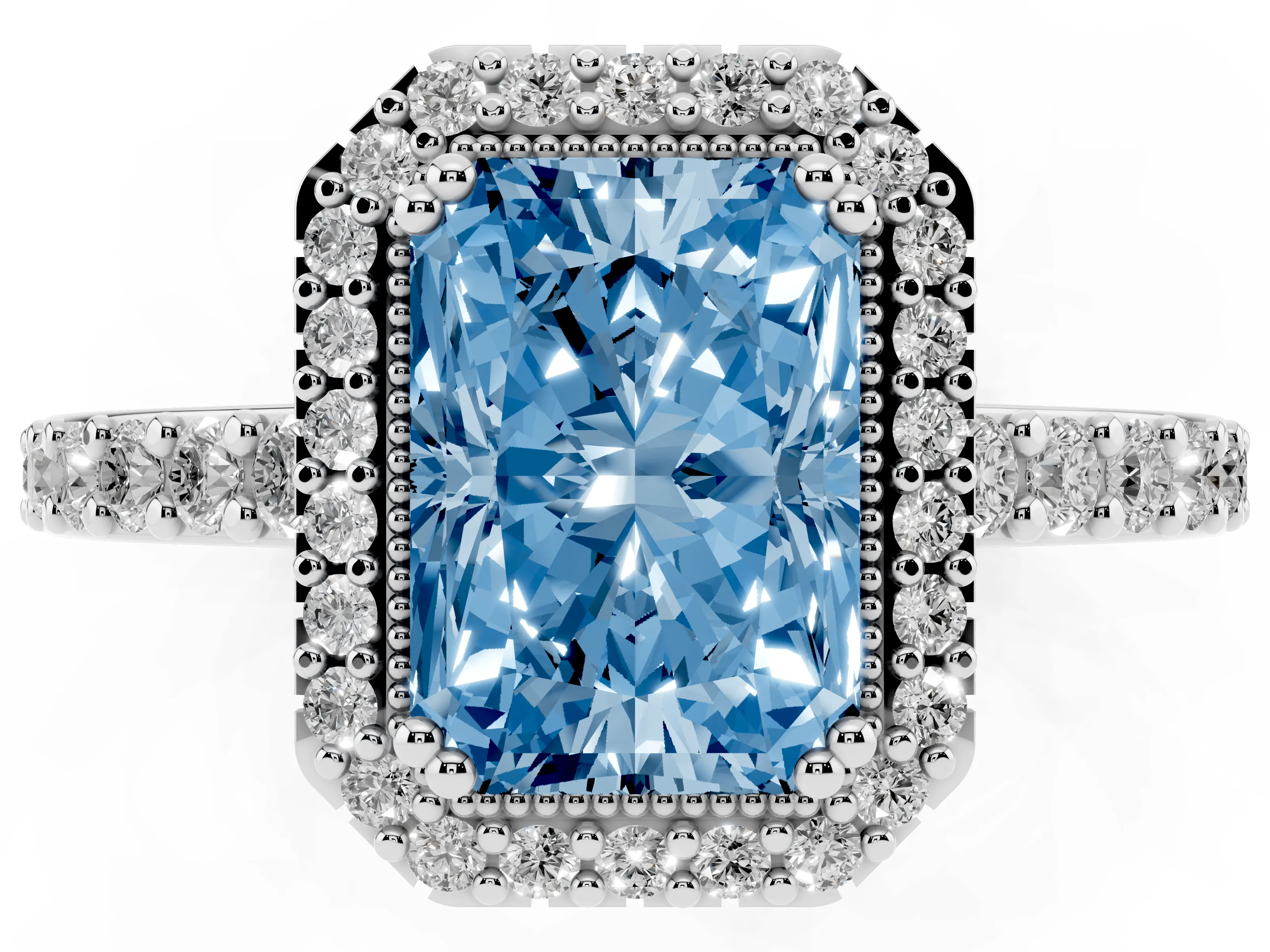 Fancy Blue Radiant Cut Diamond Halo Engagement Ring Set in White gold with Milgrain Detail and Pavé Band