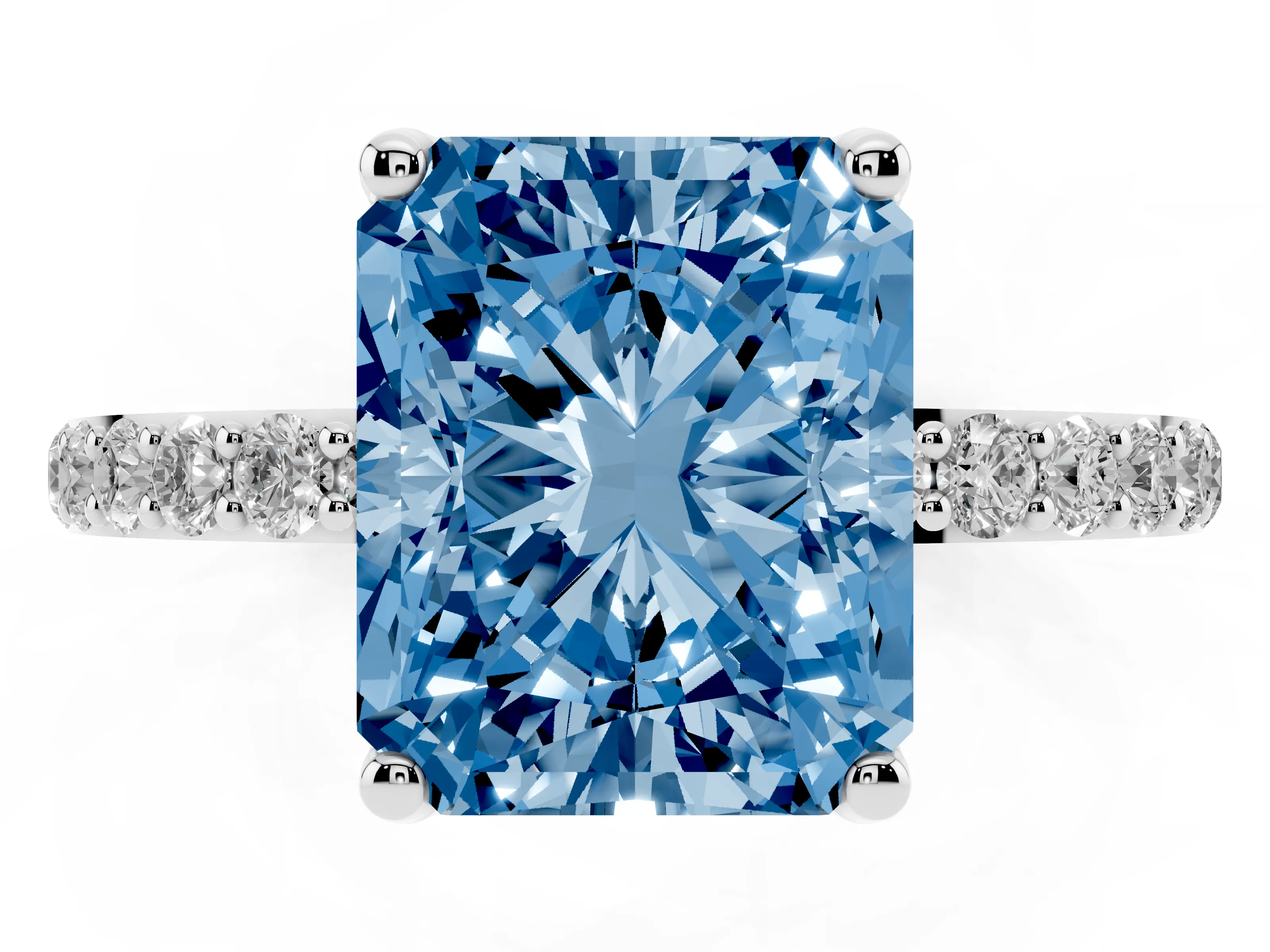 Fancy Blue Radiant Cut Diamond Solitaire Engagement Ring Set in White gold with Round Pavé Band and Prong Setting