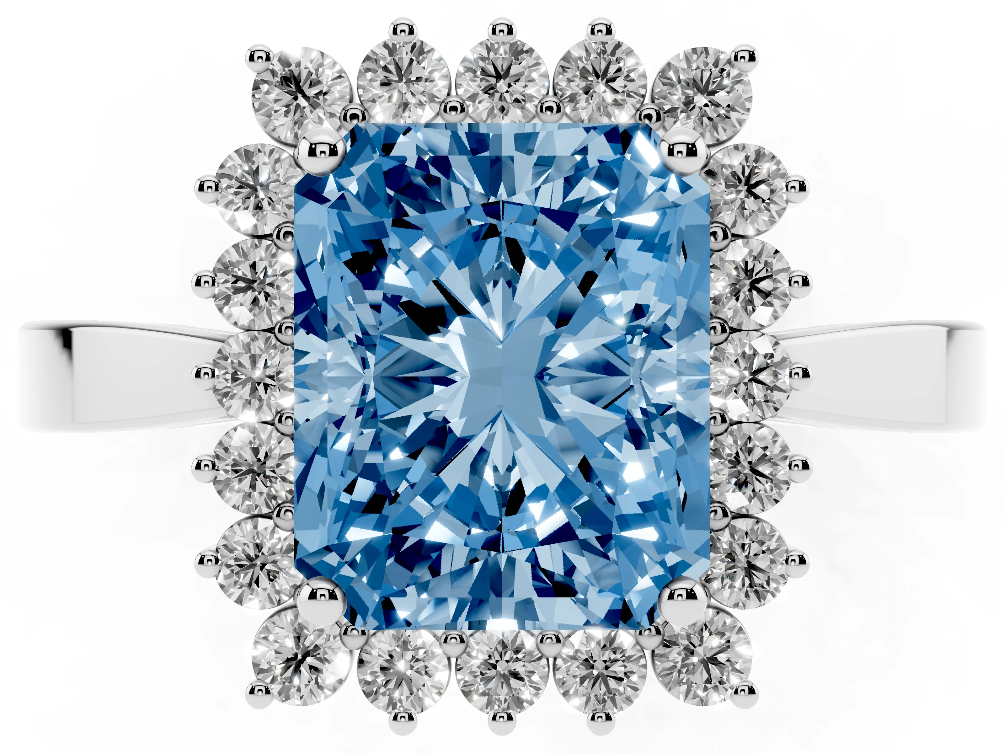 Fancy Blue Radiant Cut Diamond Halo Ring Set in White gold with Round Halo and Smooth Solitaire Band