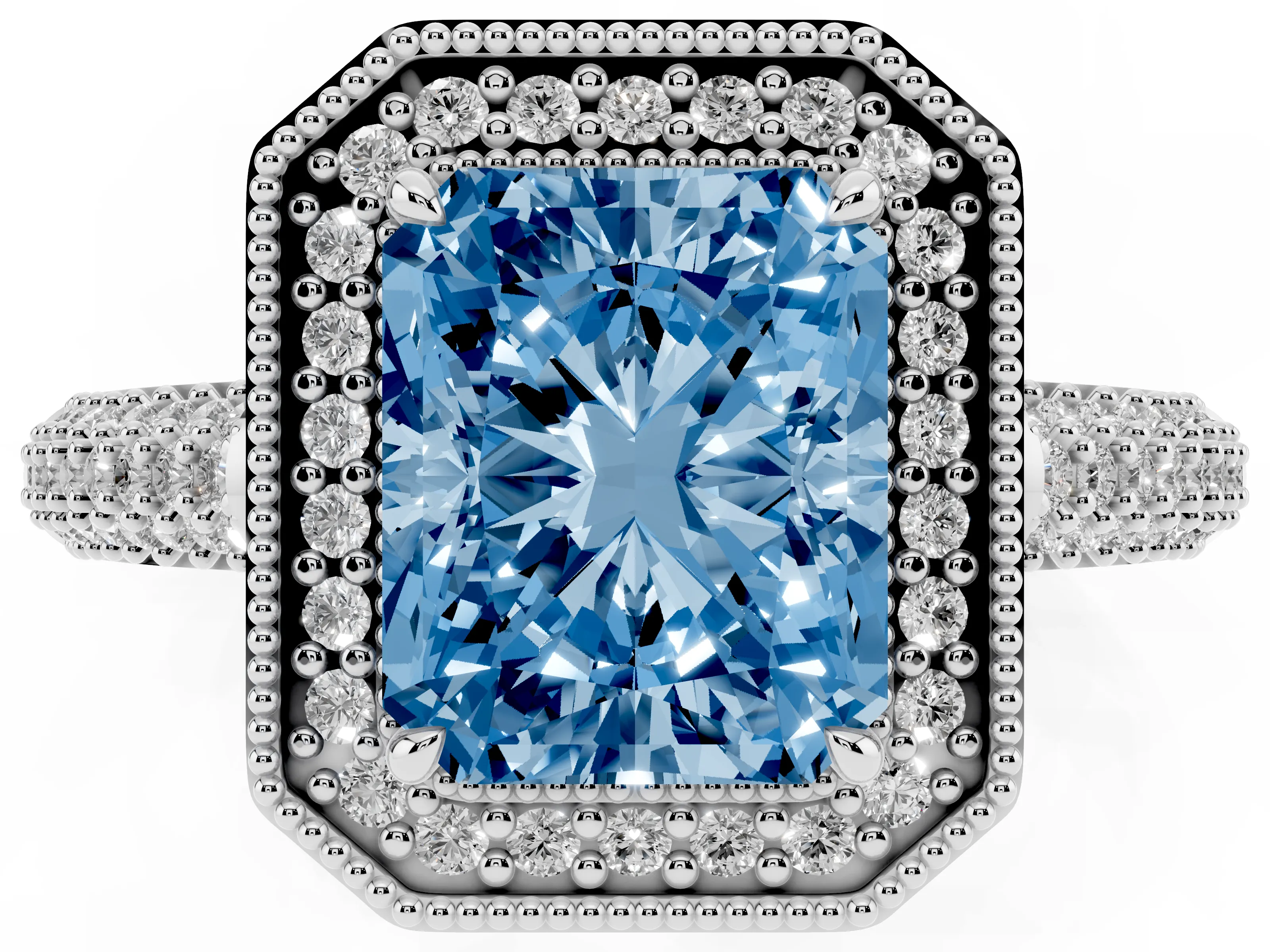 Fancy Blue Radiant Cut Diamond Halo Pavé Band Set in White gold with Prong Setting
