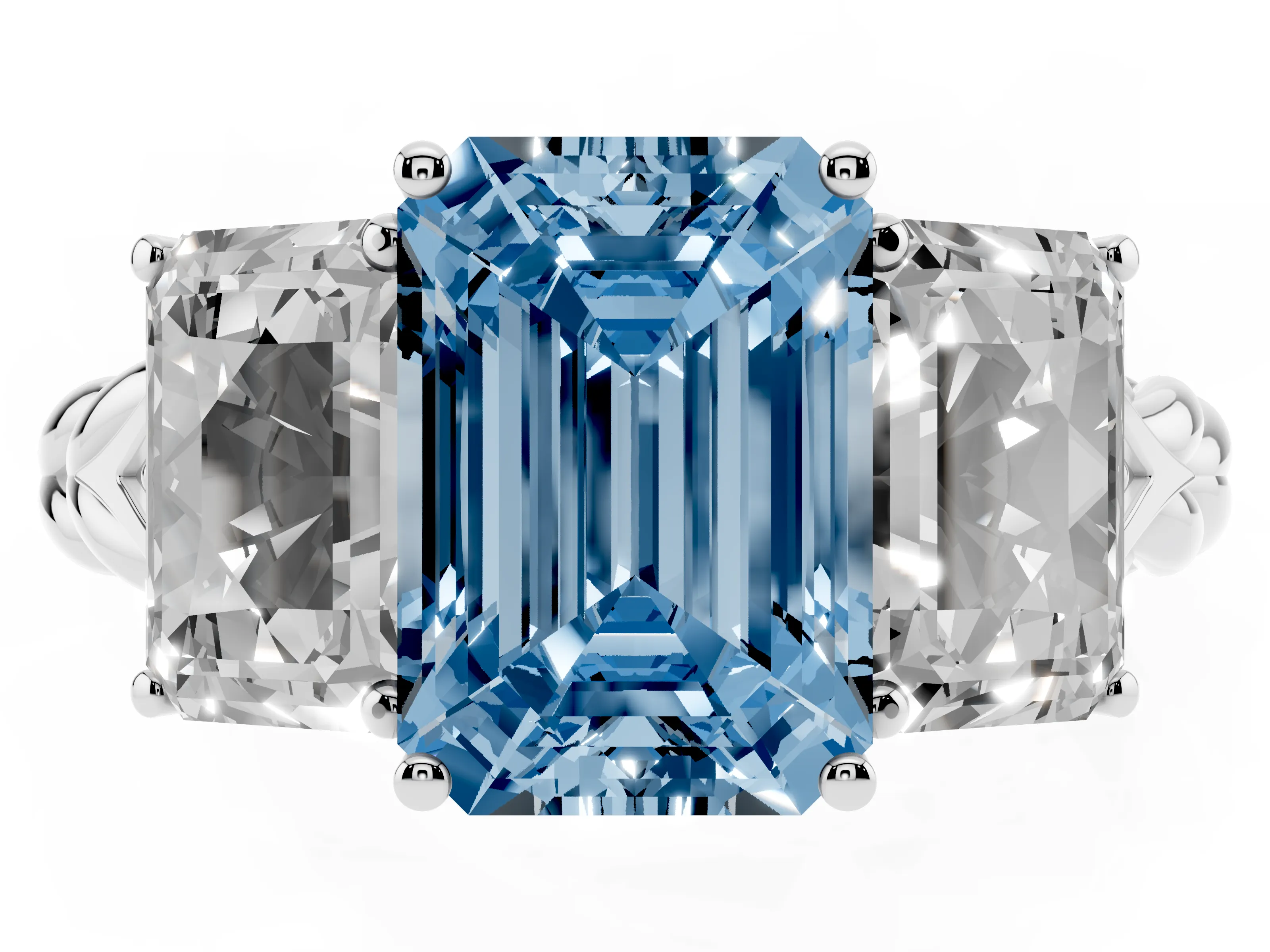 Fancy Blue Radiant Cut Diamond Three-Stone Ring Set in Silver with Braided Band