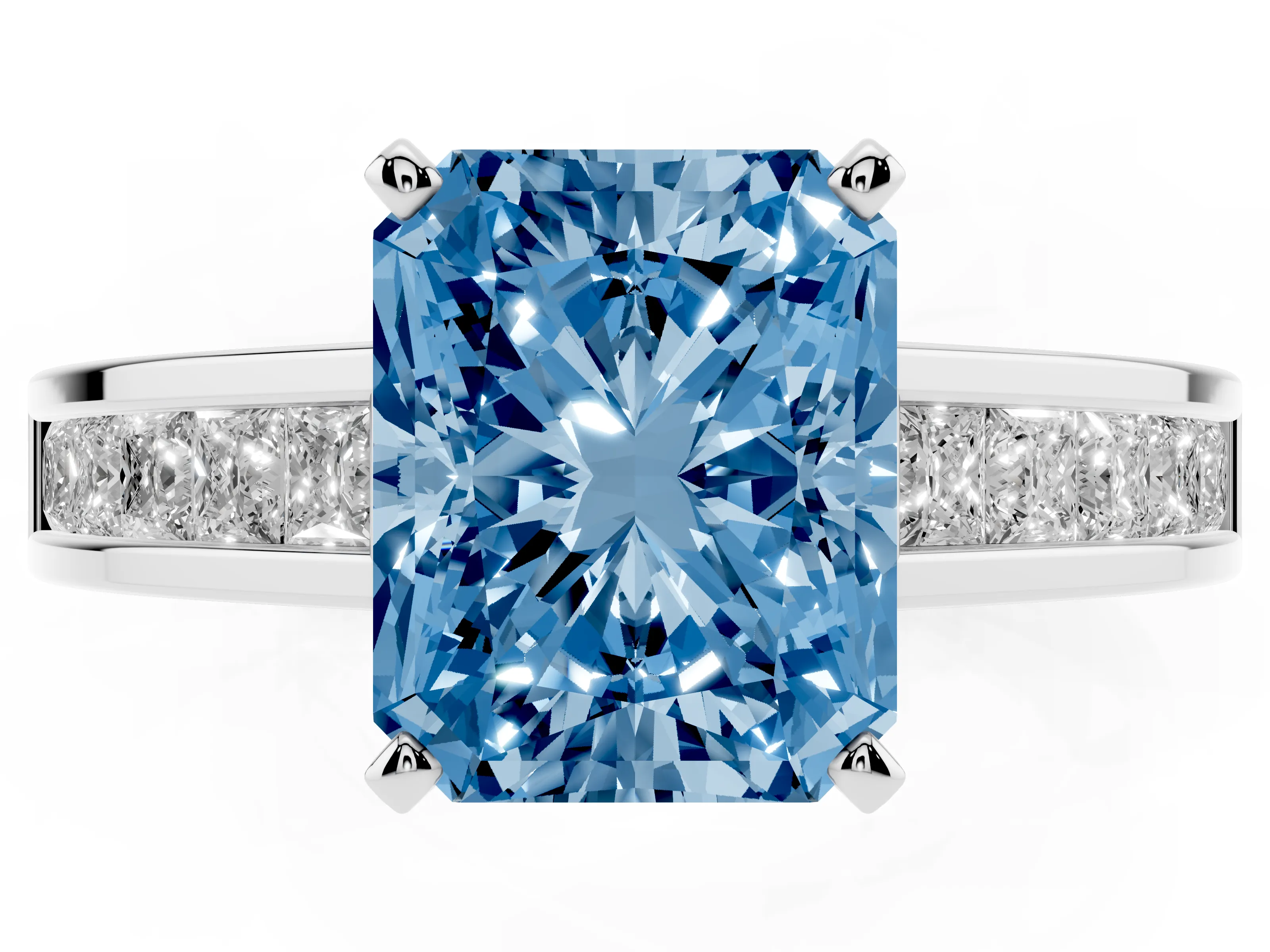 Fancy Blue Radiant Cut Diamond Solitaire Ring Set in Silver with Channel-Set Band and Prong Setting