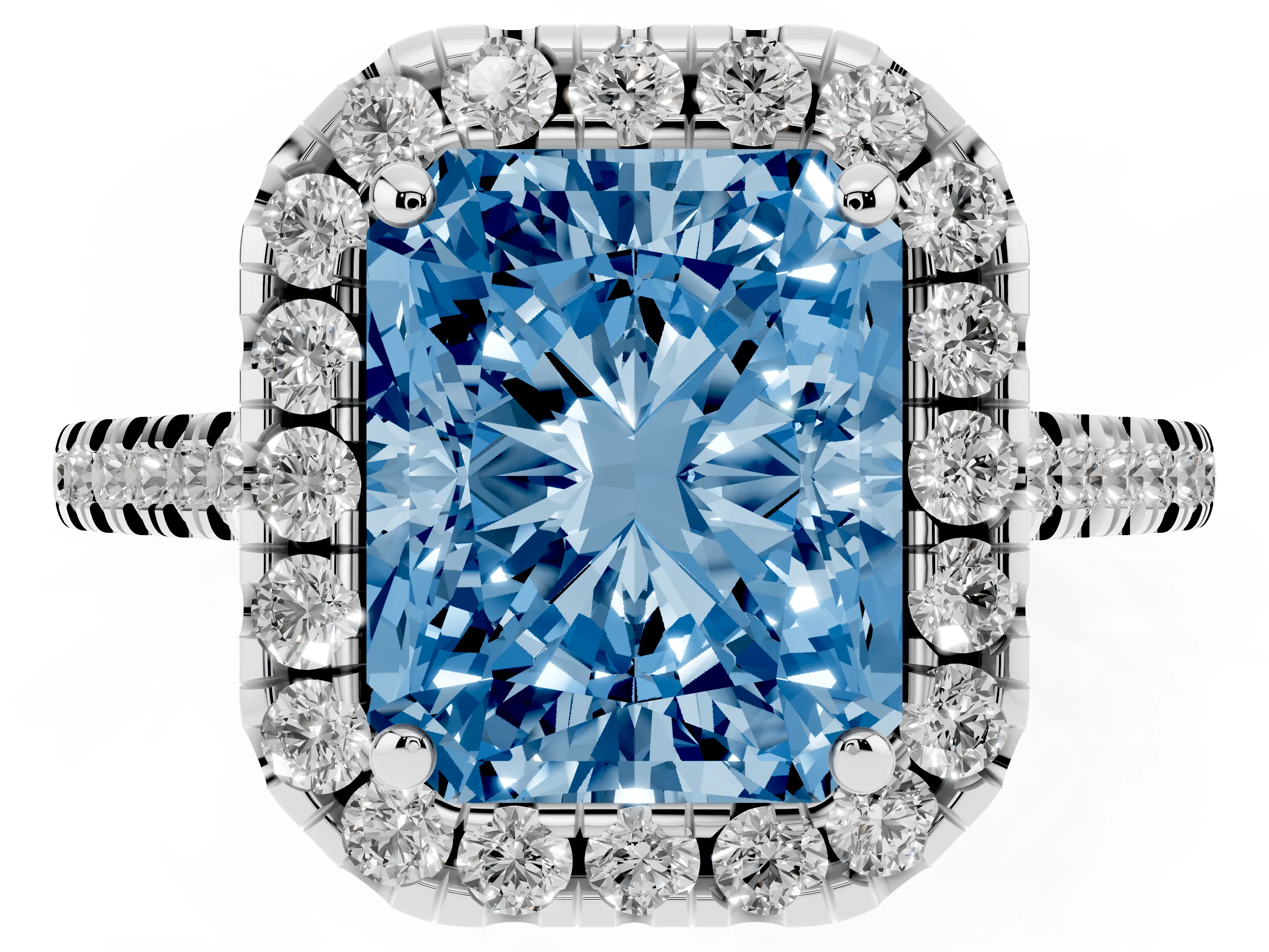 Fancy Blue Radiant Cut Diamond Cushion Halo Ring Set in White gold with Pavé Band