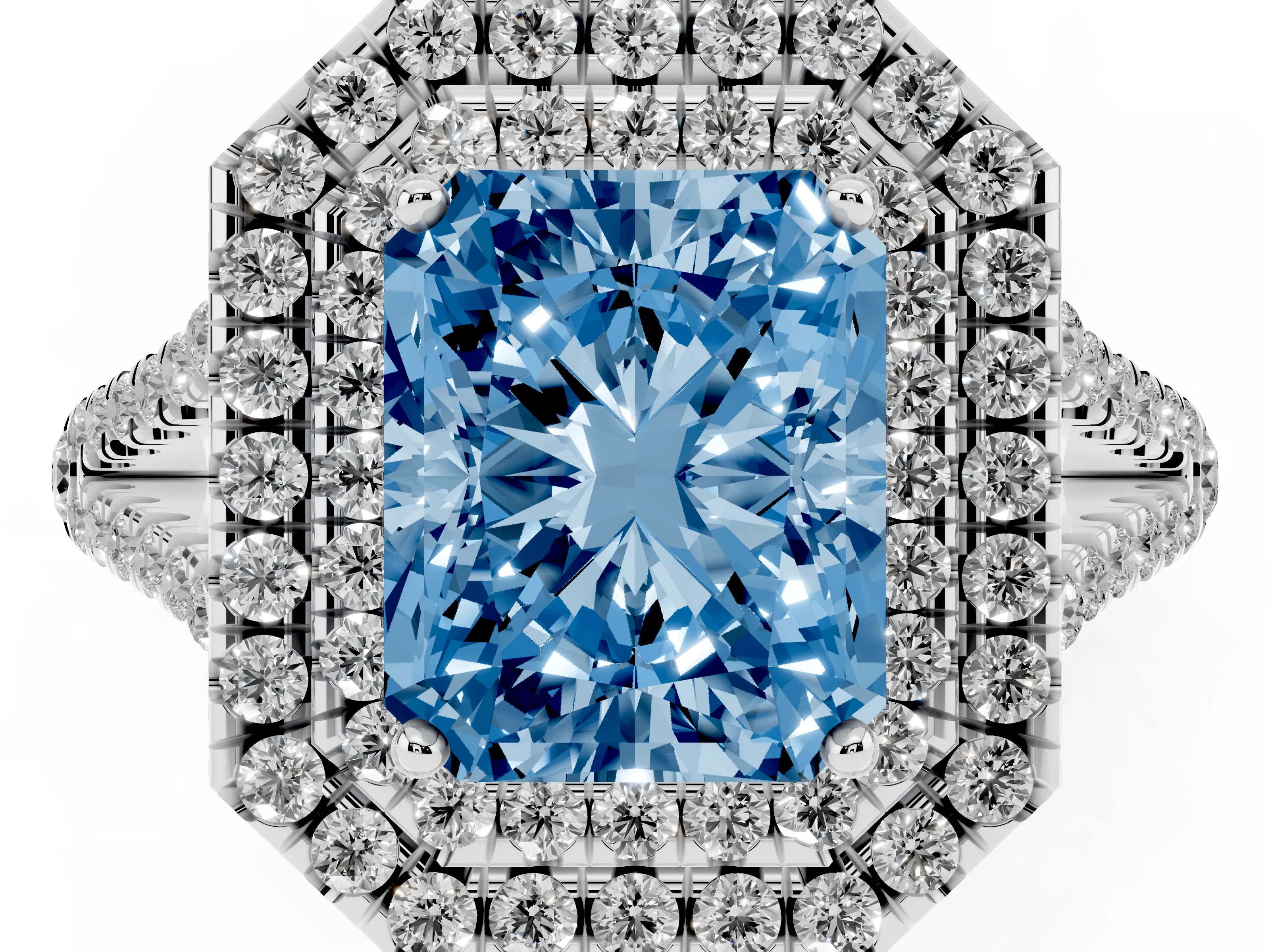 Fancy Blue Radiant Cut Diamond Double Halo Ring Set in Silver with Pavé Band
