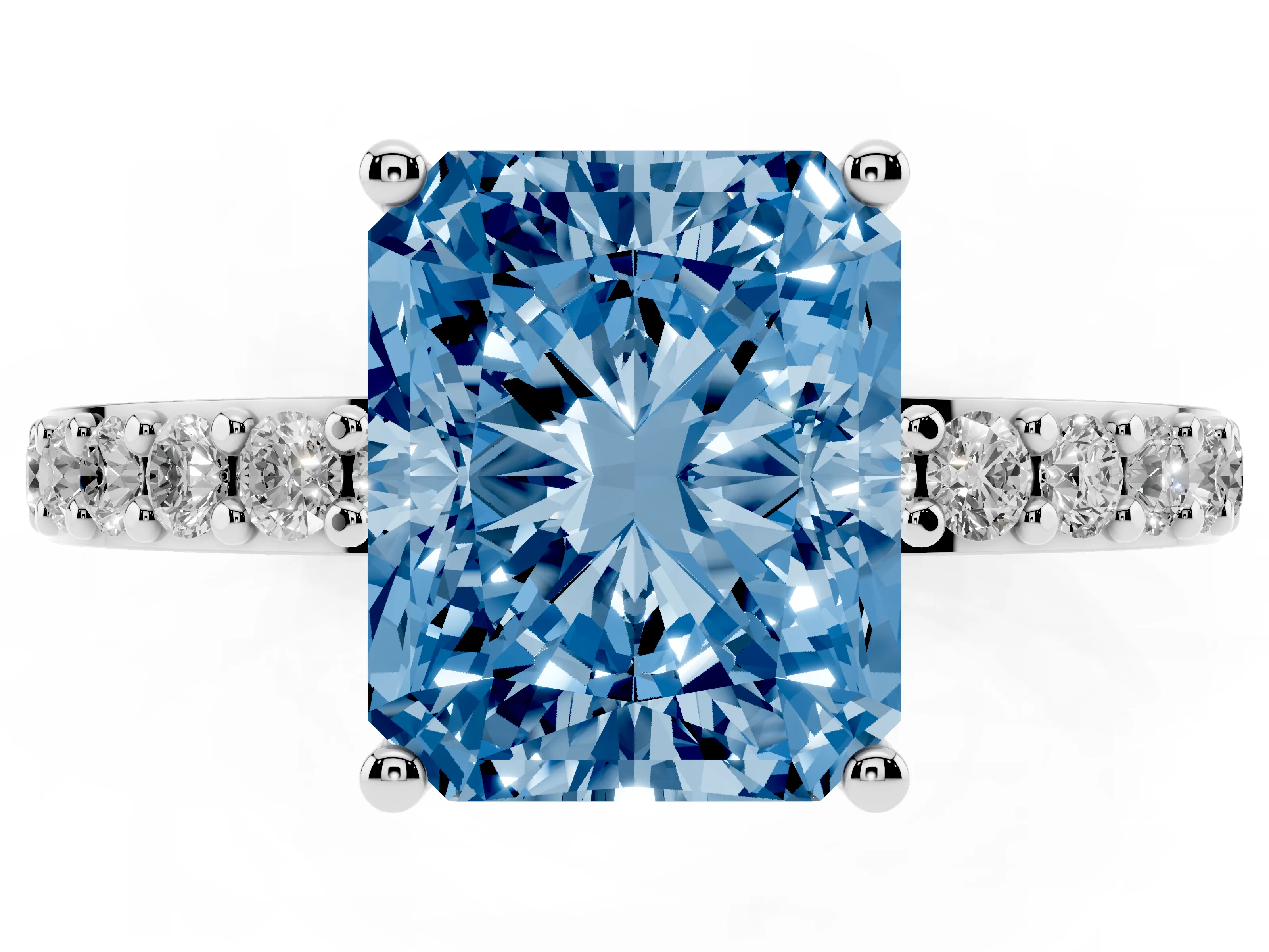 Fancy Blue Radiant Cut Diamond Solitaire Set in Platinum with Round Pavé Band and Prong Setting