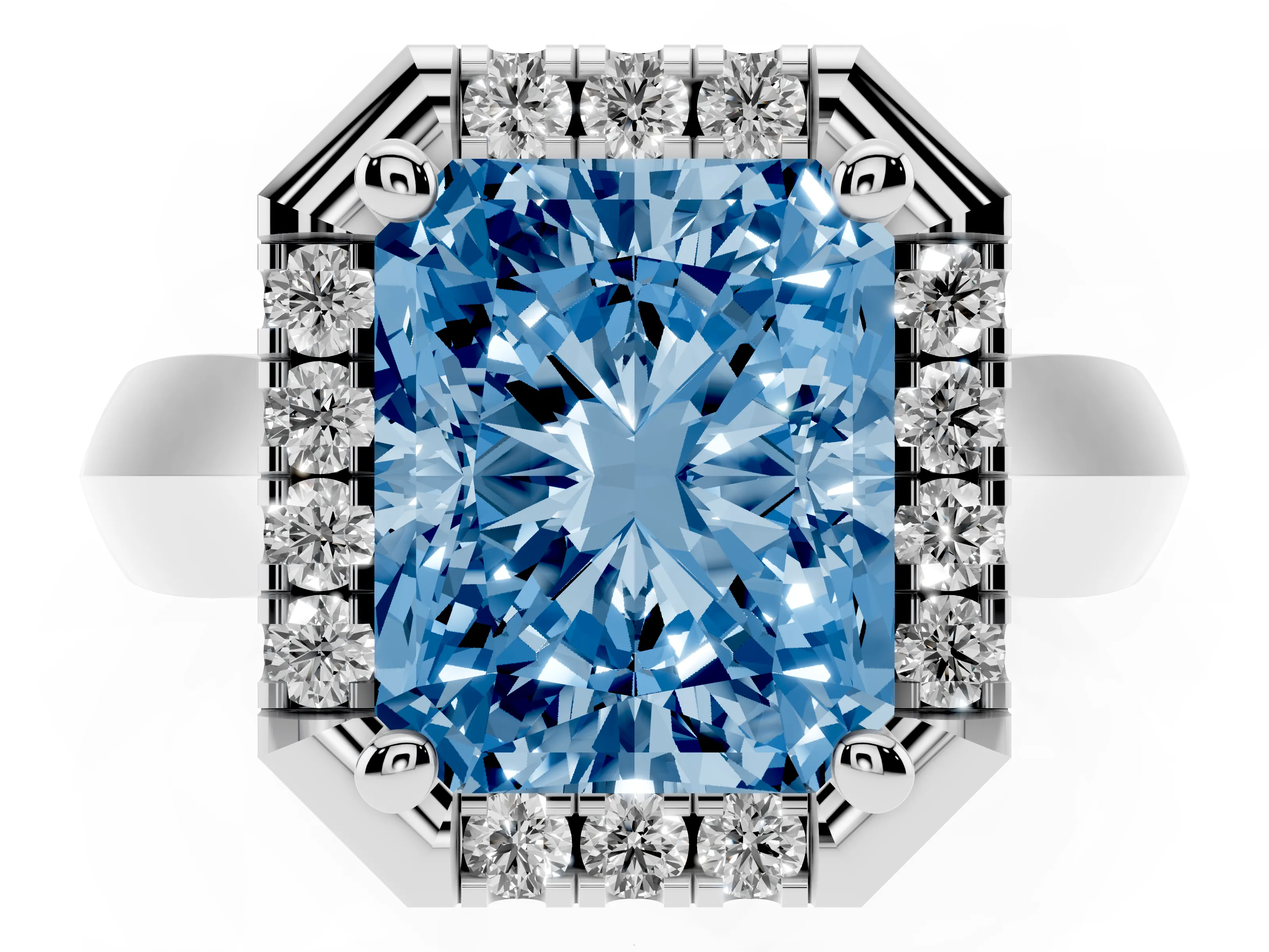 Fancy Blue Radiant Cut Diamond Halo Solitaire Engagement Ring Set in Platinum with Square Band and Prong Setting