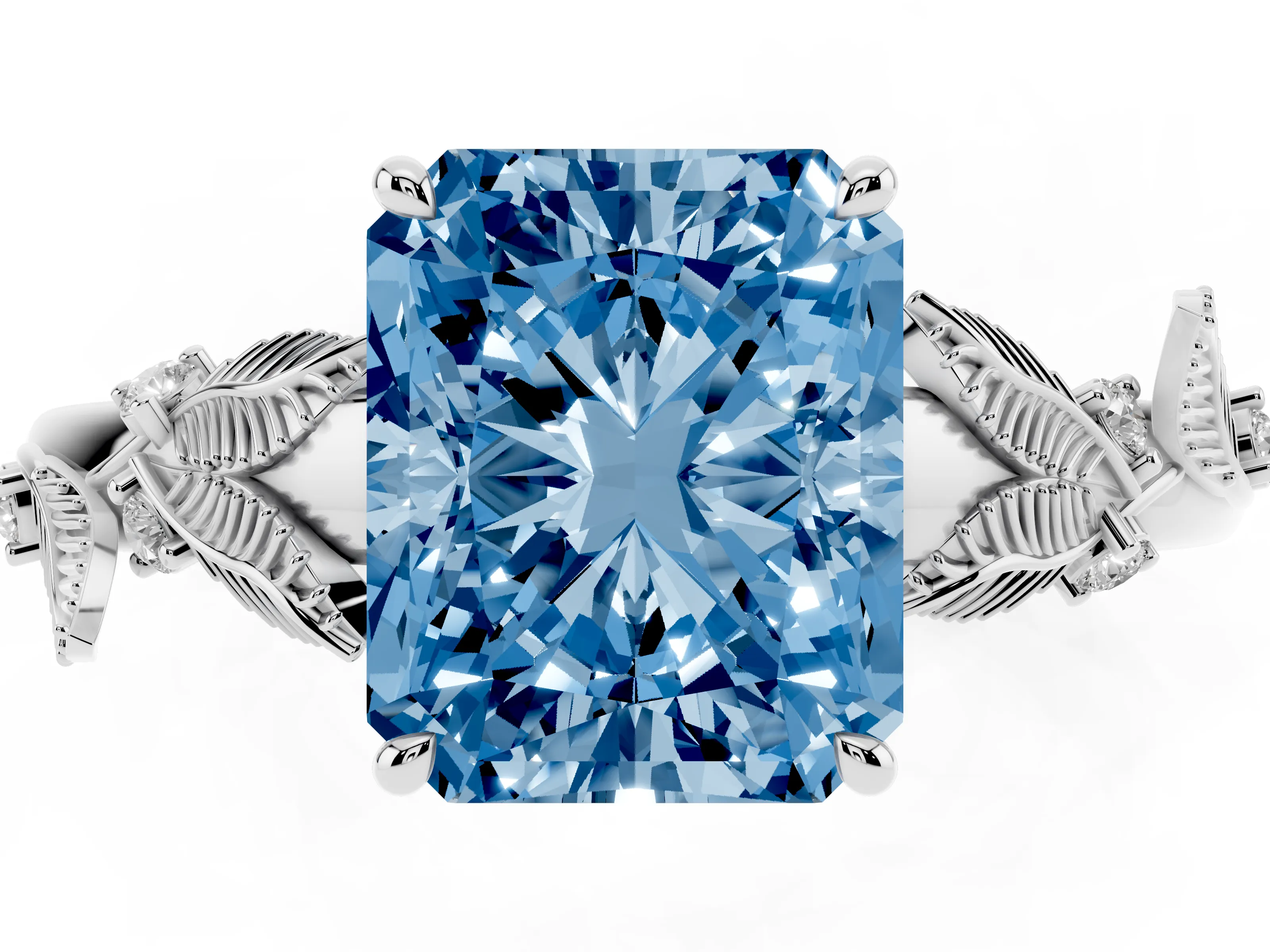 Fancy Blue Radiant Cut Diamond Solitaire Ring Set in White gold with Leaf Motif Band