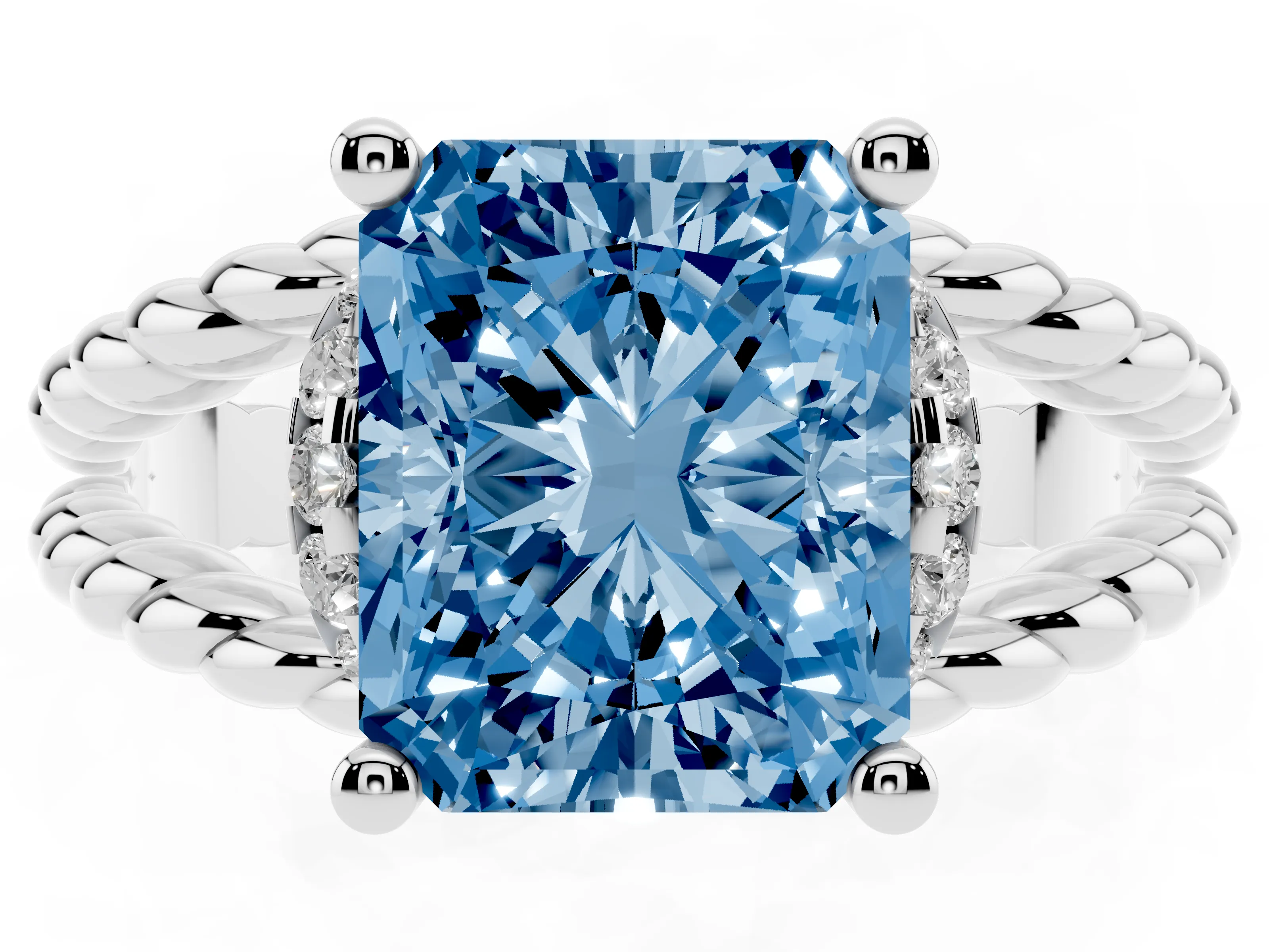 Fancy Blue Radiant Cut Diamond Halo Ring Set in White gold with Twisted Band and Prong Setting