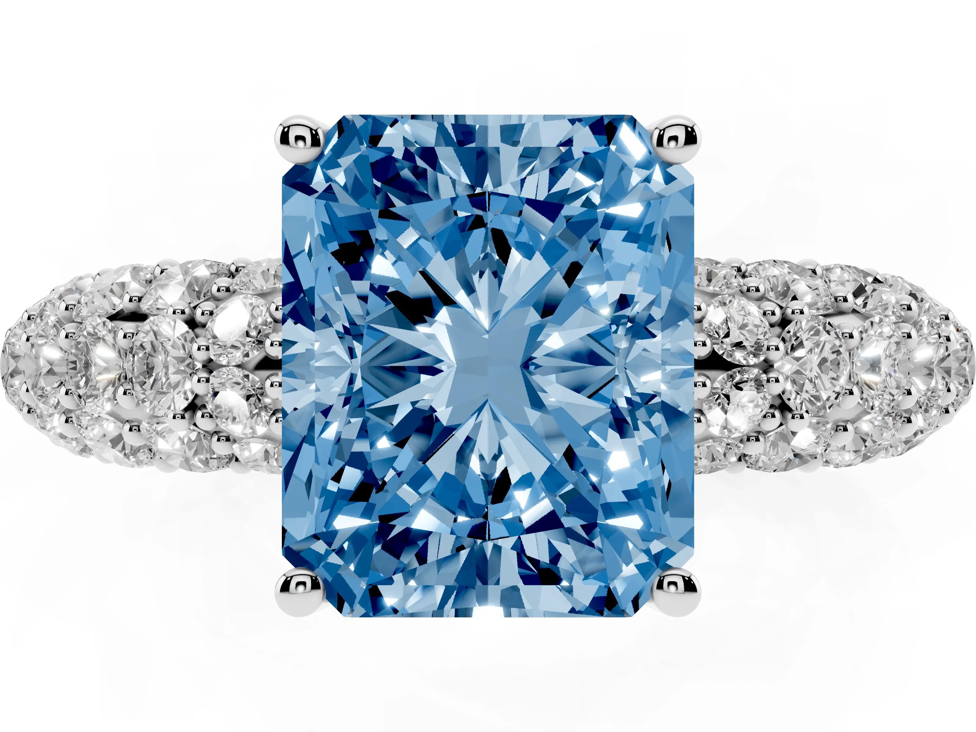 Fancy Blue Radiant Cut Diamond Pavé Band Solitaire Ring Set in Platinum with Close-Set Accent Stones and Prong Setting