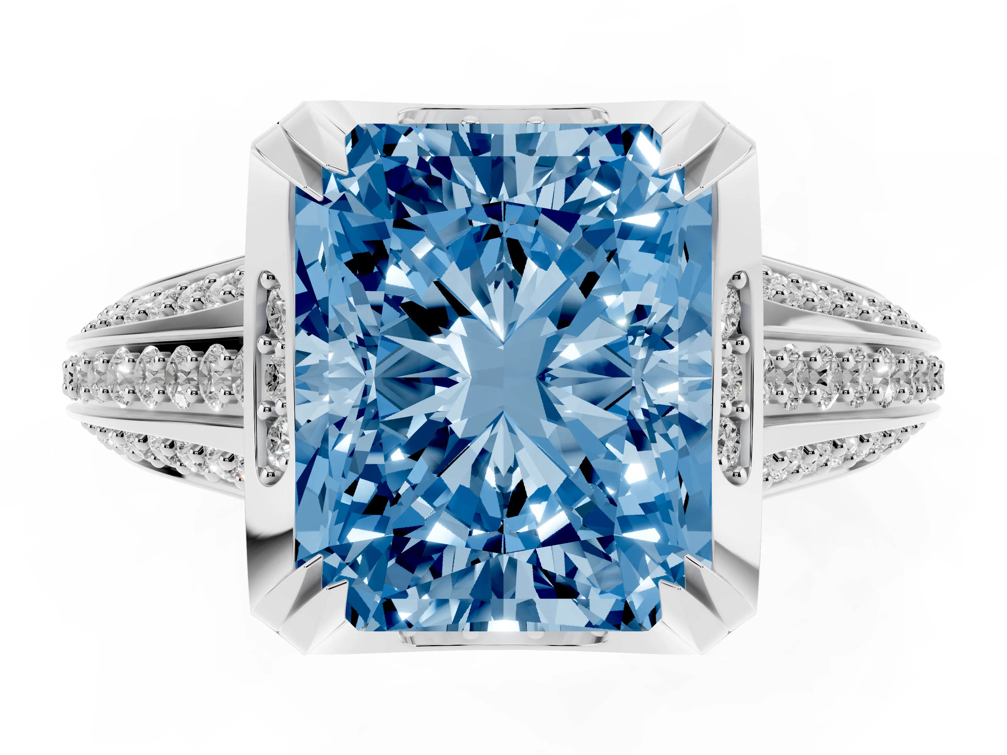 Fancy Blue Radiant Cut Diamond Pavé Split Shank Solitaire Ring Set in Silver with Prong Setting