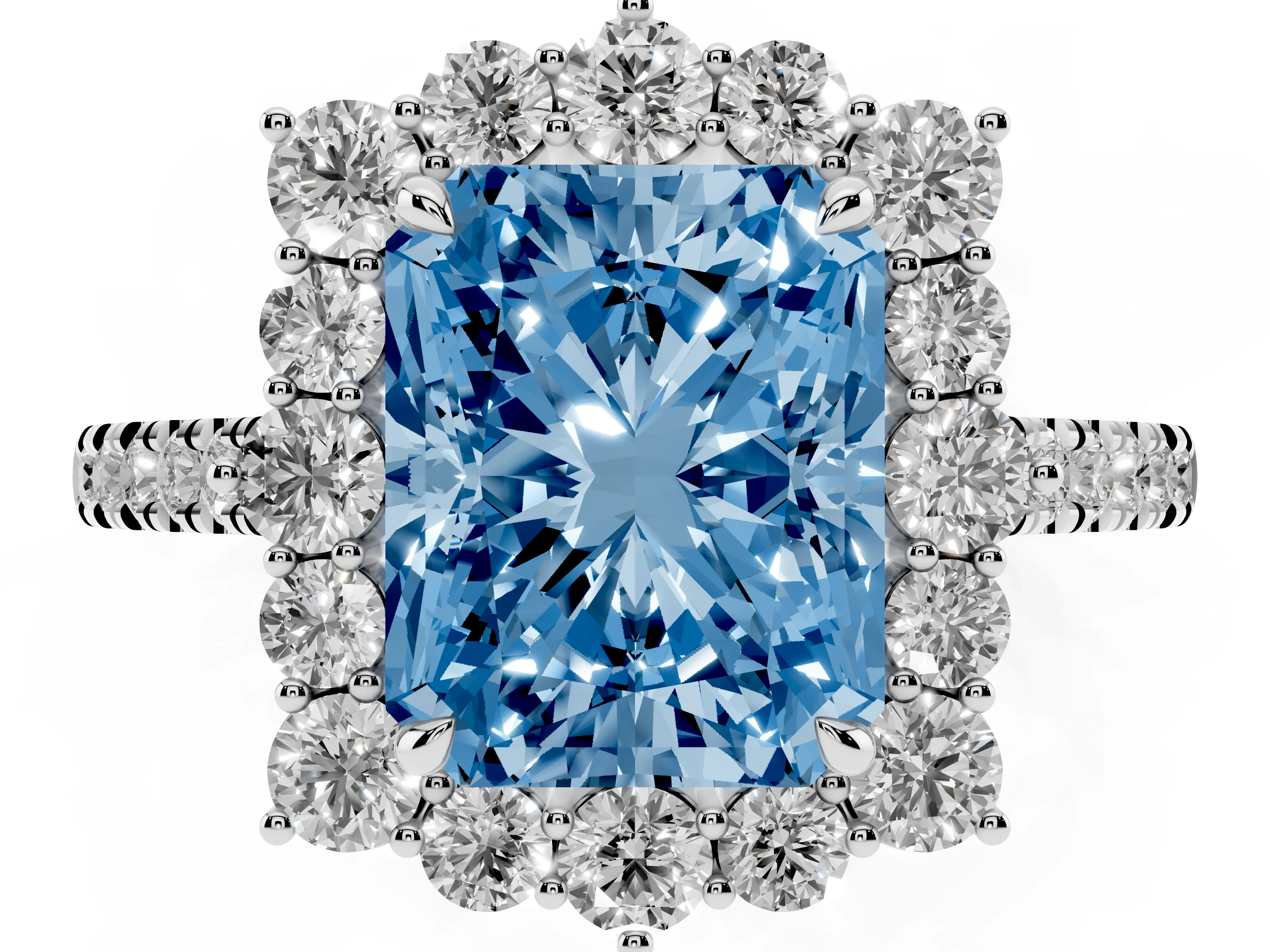 Fancy Blue Radiant Cut Diamond Halo Ring Set in Platinum with Pavé Band and Prong Setting