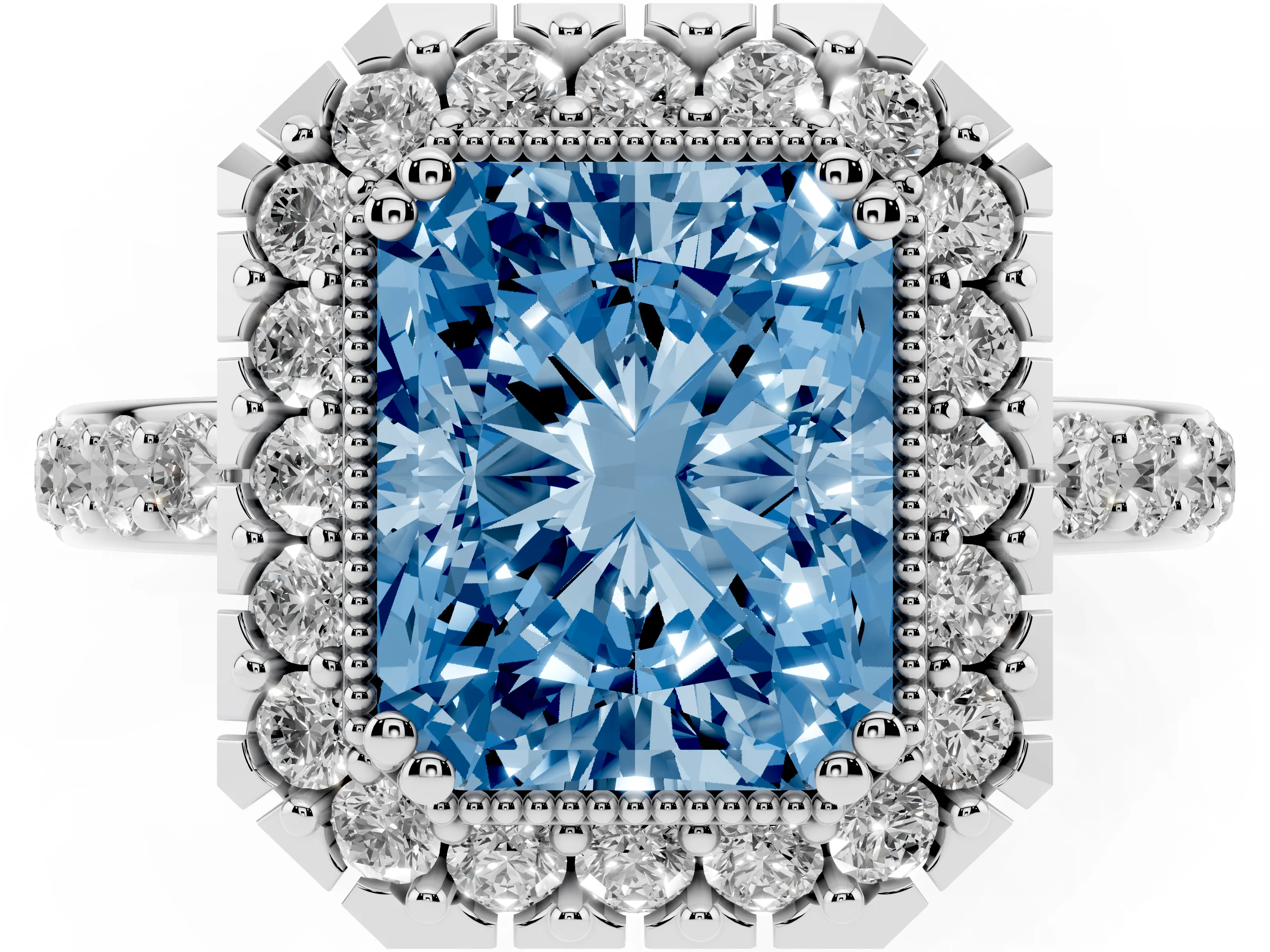 Fancy Blue Radiant Cut Diamond Halo Ring Set in White gold with Pavé Shank and Prong Setting