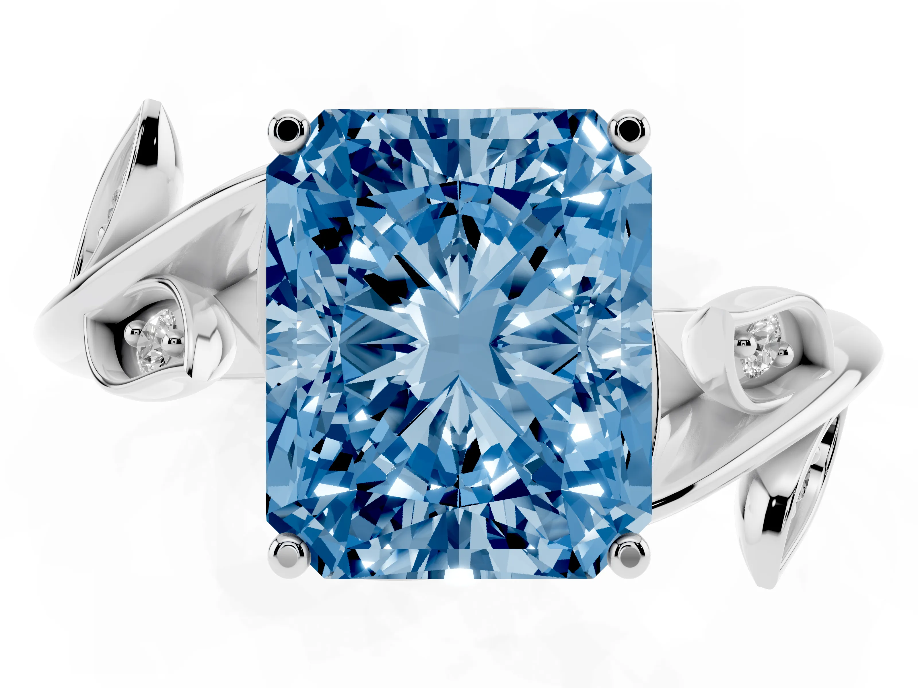 Fancy Blue Radiant Cut Diamond Solitaire Twist Engagement Ring Set in White gold with Pavé Leaf Accents