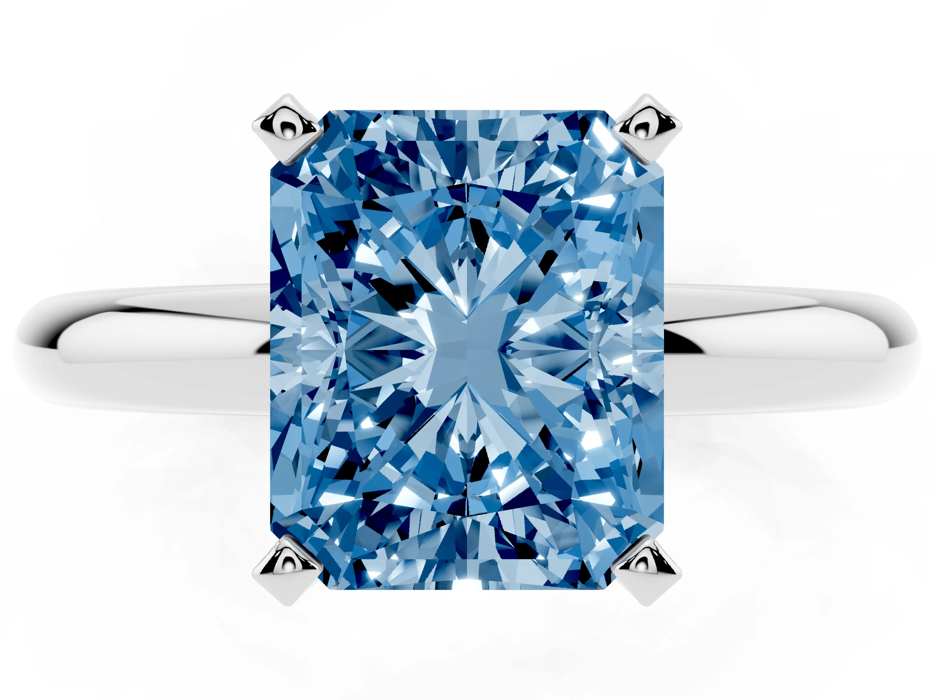 Fancy Blue Radiant Cut Diamond Solitaire Engagement Ring Set in Platinum with Round Band and Prong Setting
