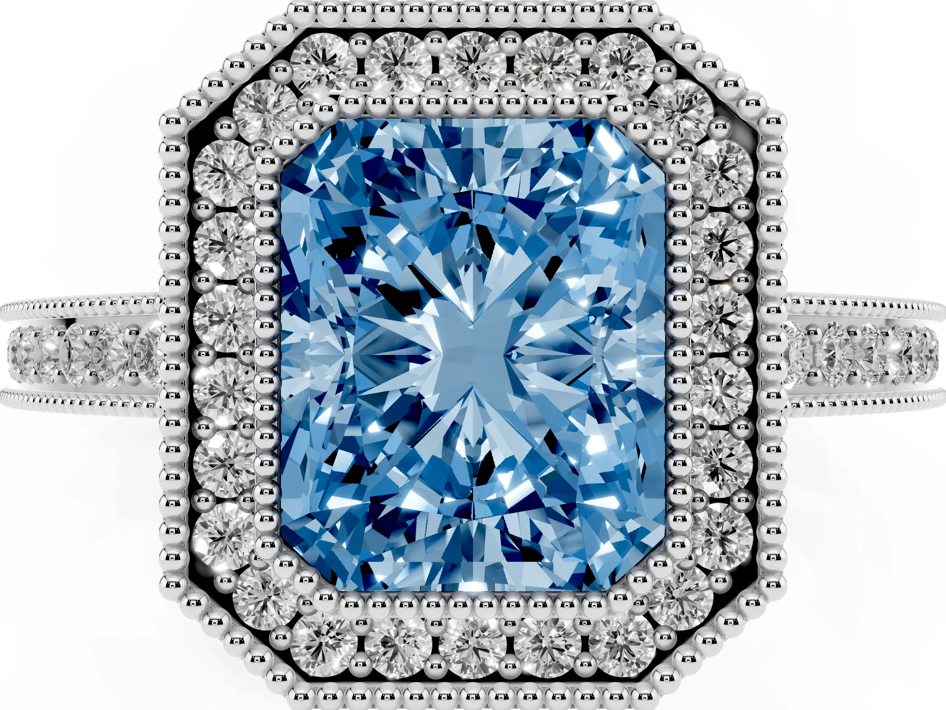 Fancy Blue Radiant Cut Diamond Halo Ring Set in White gold with Pavé Band and Milgrain-Edged Prongs