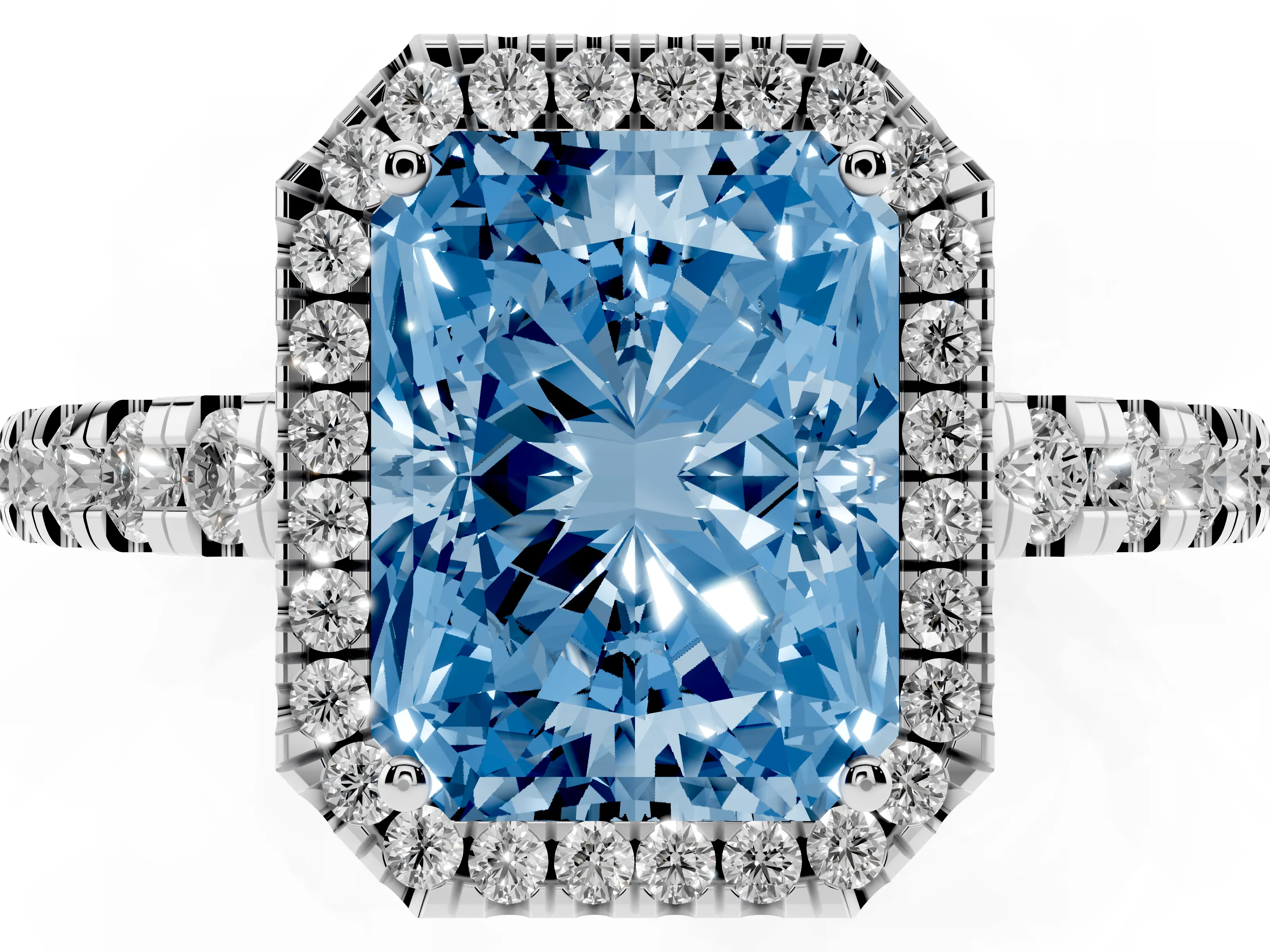 Fancy Blue Radiant Cut Diamond Halo Ring Set in Silver with Delicate Pavé Band and Prong Setting