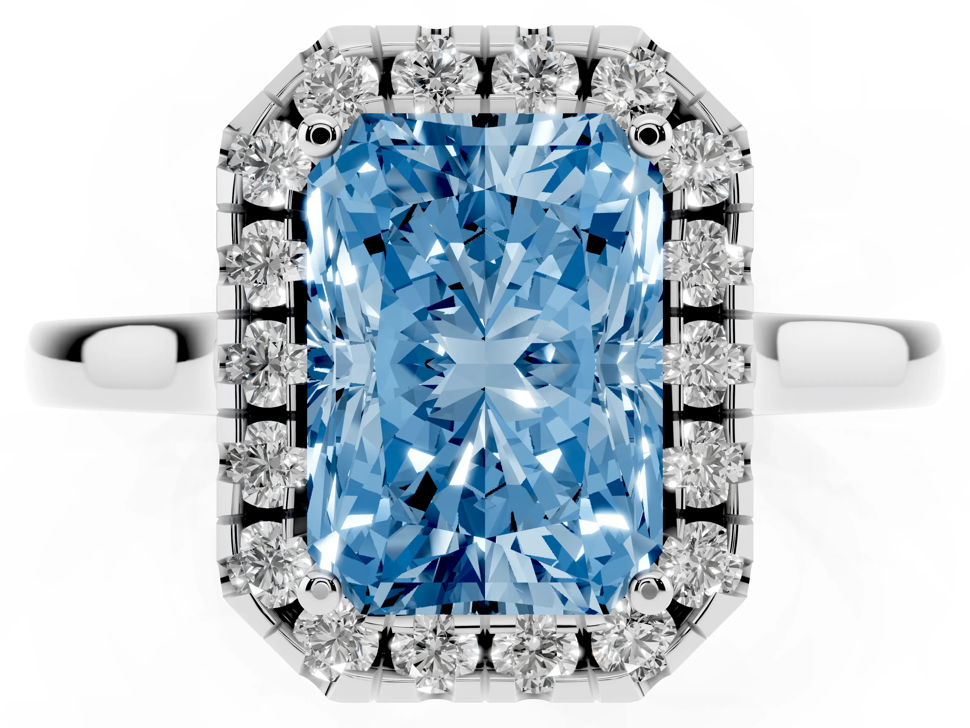 Fancy Blue Radiant Cut Halo Round Diamond Solitaire Ring Set in Silver with Pavé Band and Prong Setting