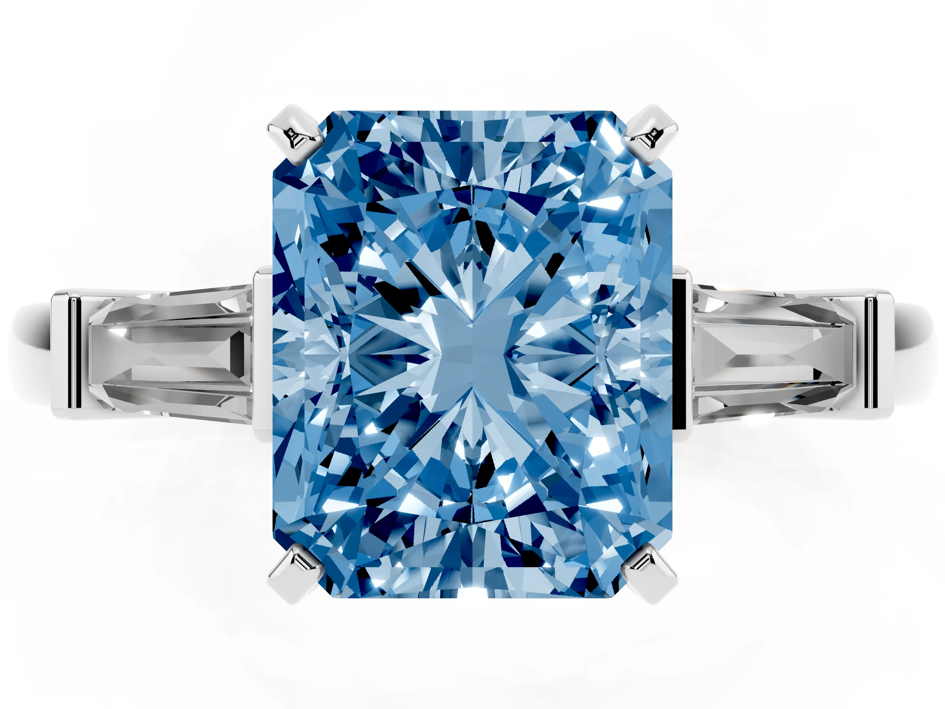 Fancy Blue Radiant Cut Diamond Solitaire Ring Set in White gold with Tapered Baguette Accents and Prong Setting