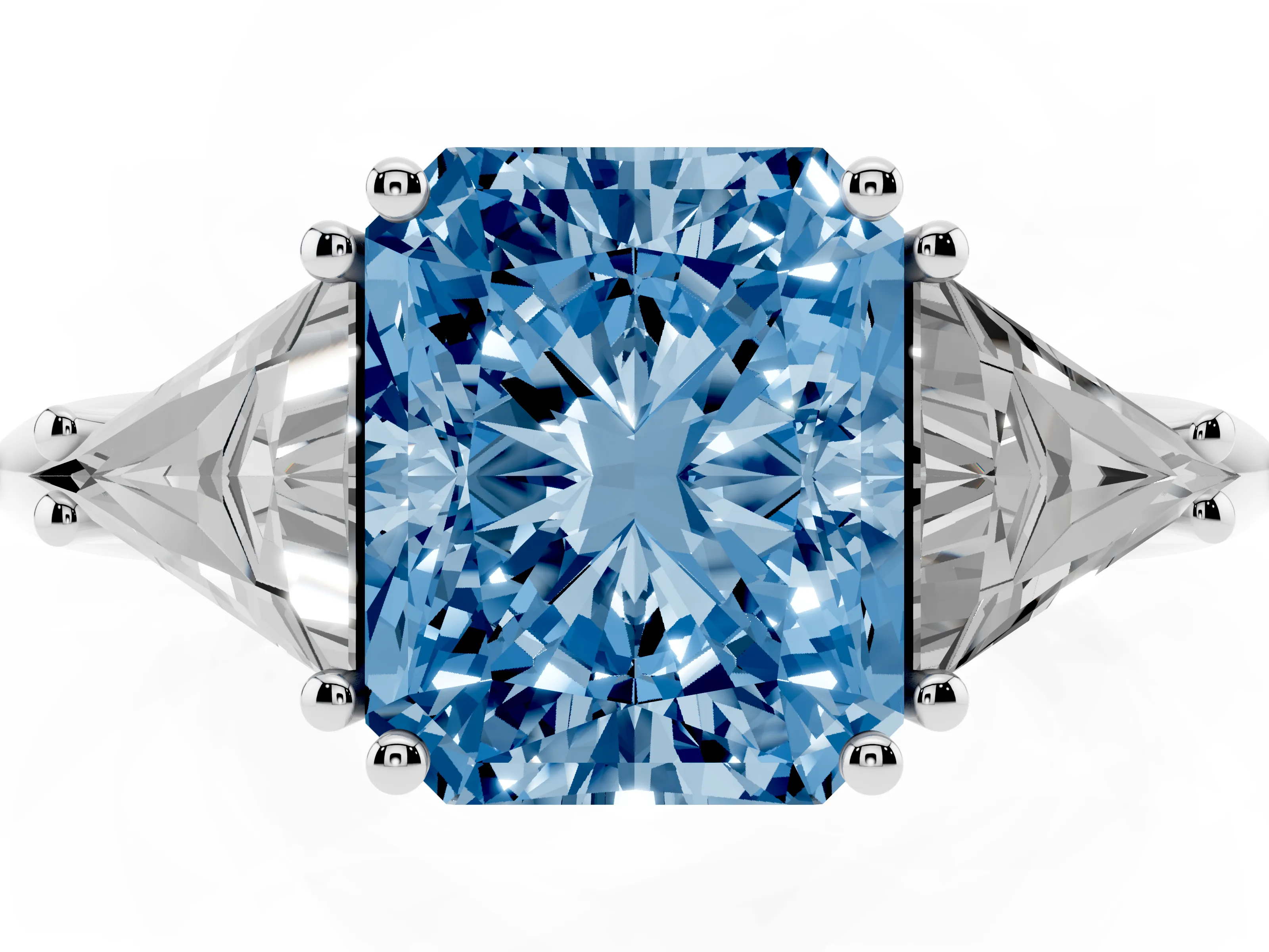 Fancy Blue Radiant Cut Diamond Three-Stone Engagement Ring Set in Silver with Trillion Side Stones