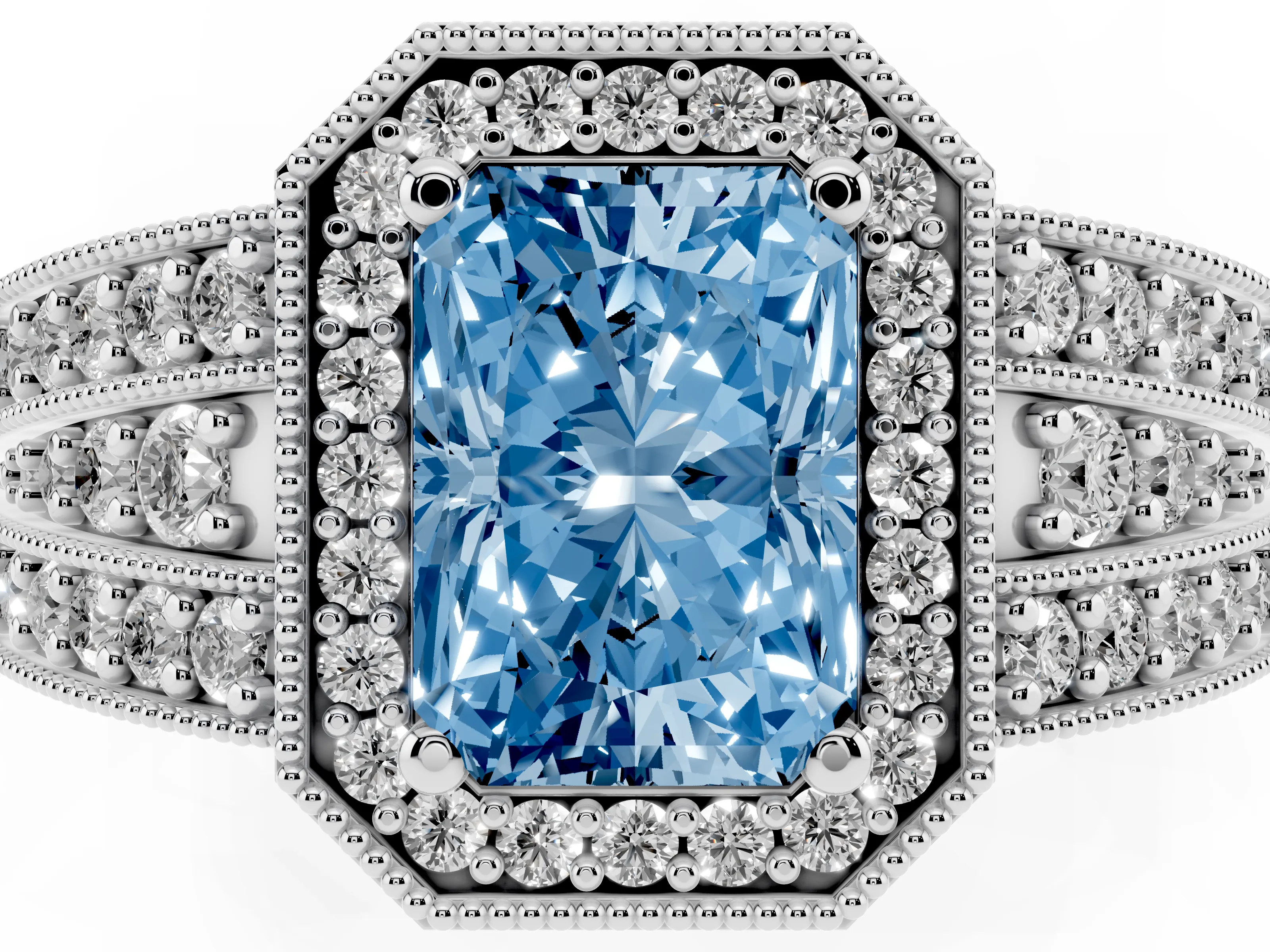 Fancy Blue Radiant Cut Diamond Halo Ring Set in Silver with Accent Split Shank and Prong Setting