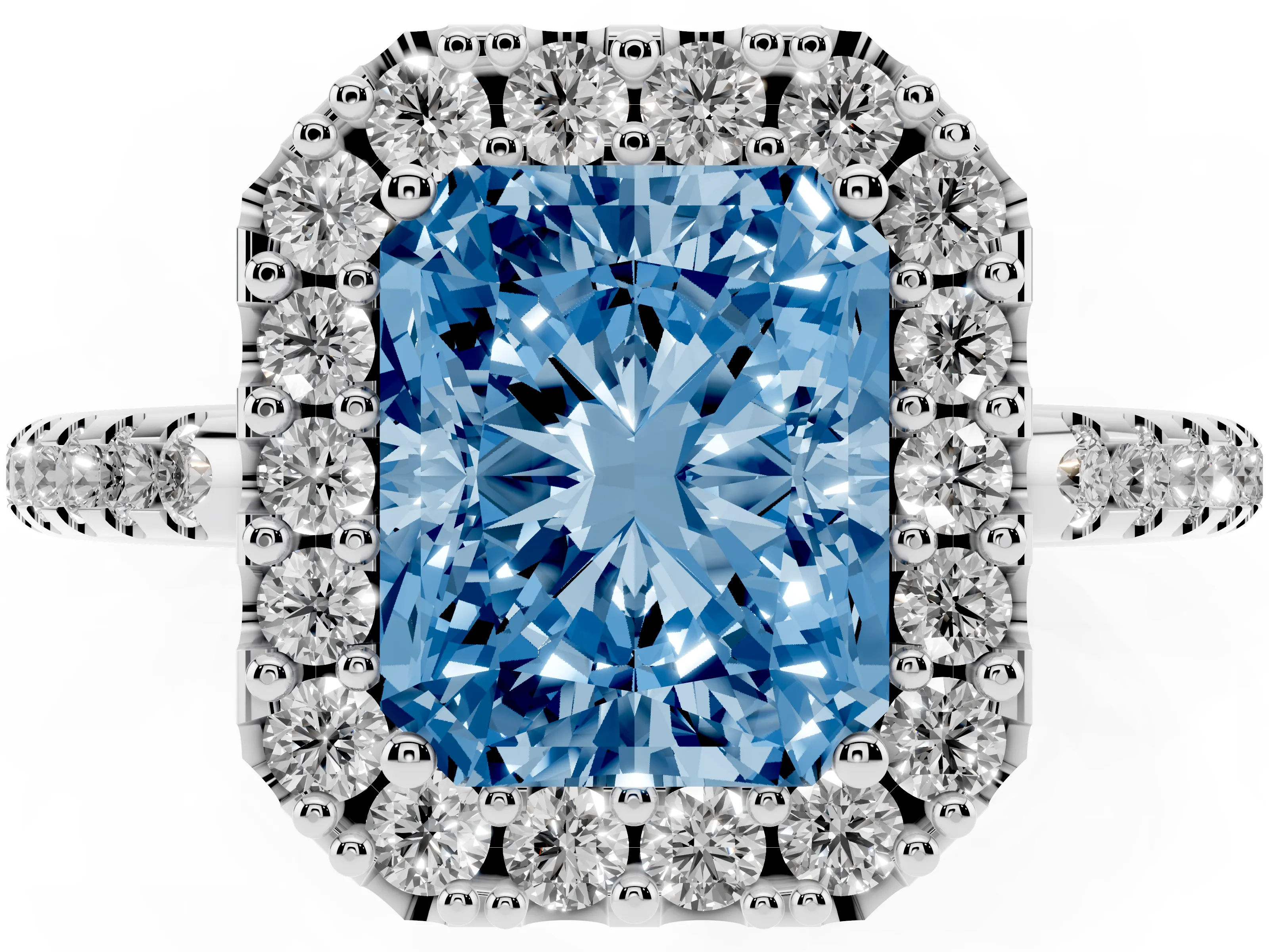 Fancy Blue Radiant Cut Diamond Pavé Halo Ring Set in Silver with Prong Setting