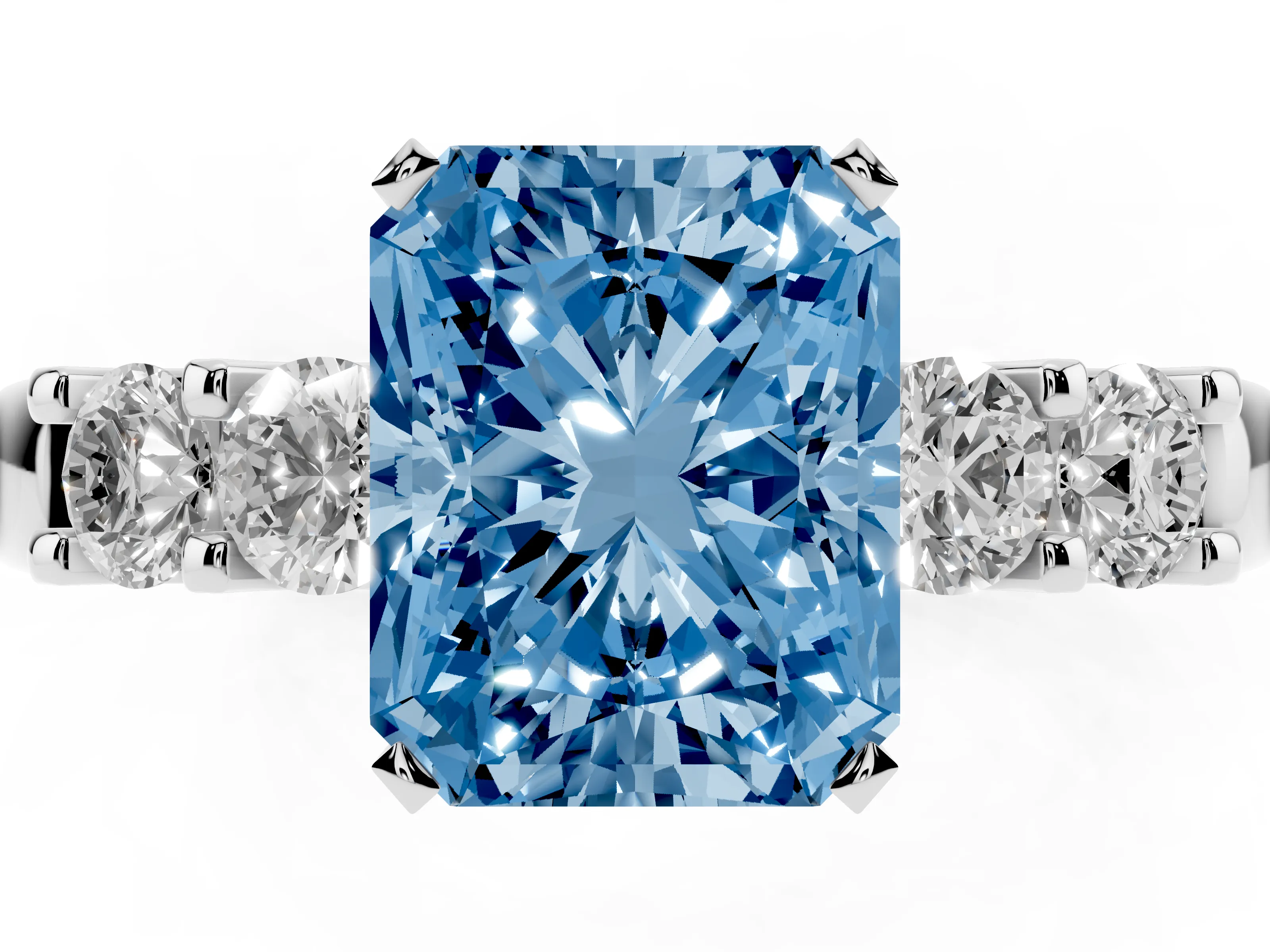 Fancy Blue Radiant Cut Diamond Five-Stone Prong Set Engagement Ring Set in Platinum with Channel Band