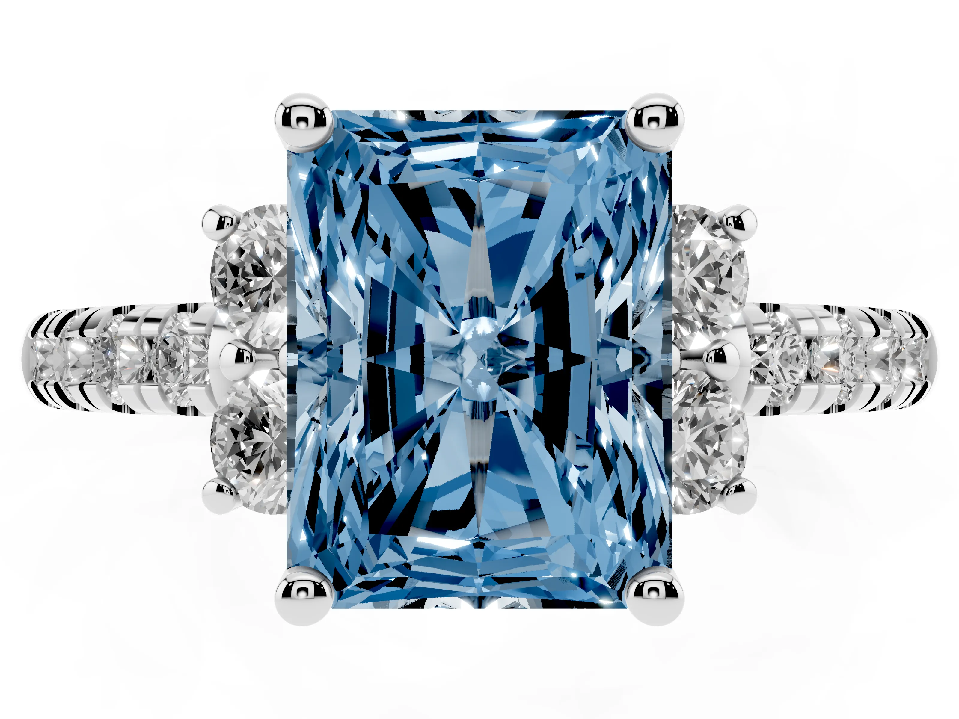 Fancy Blue Radiant Cut Diamond Three-Stone Pavé Ring Set in Silver with Prong Setting