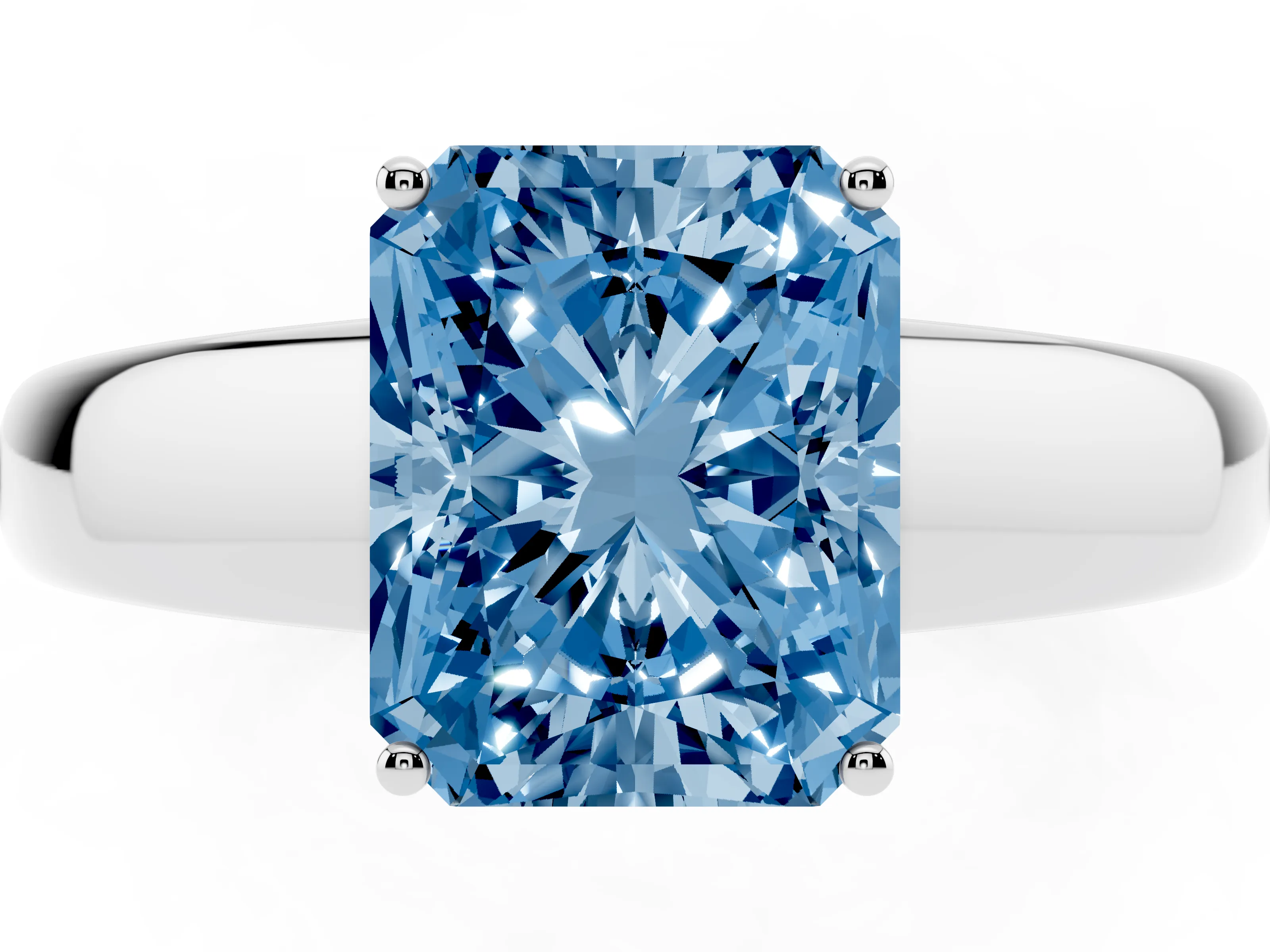 Fancy Blue Radiant Cut Diamond Solitaire Ring Set in White gold with Tapered Band and Prong Setting