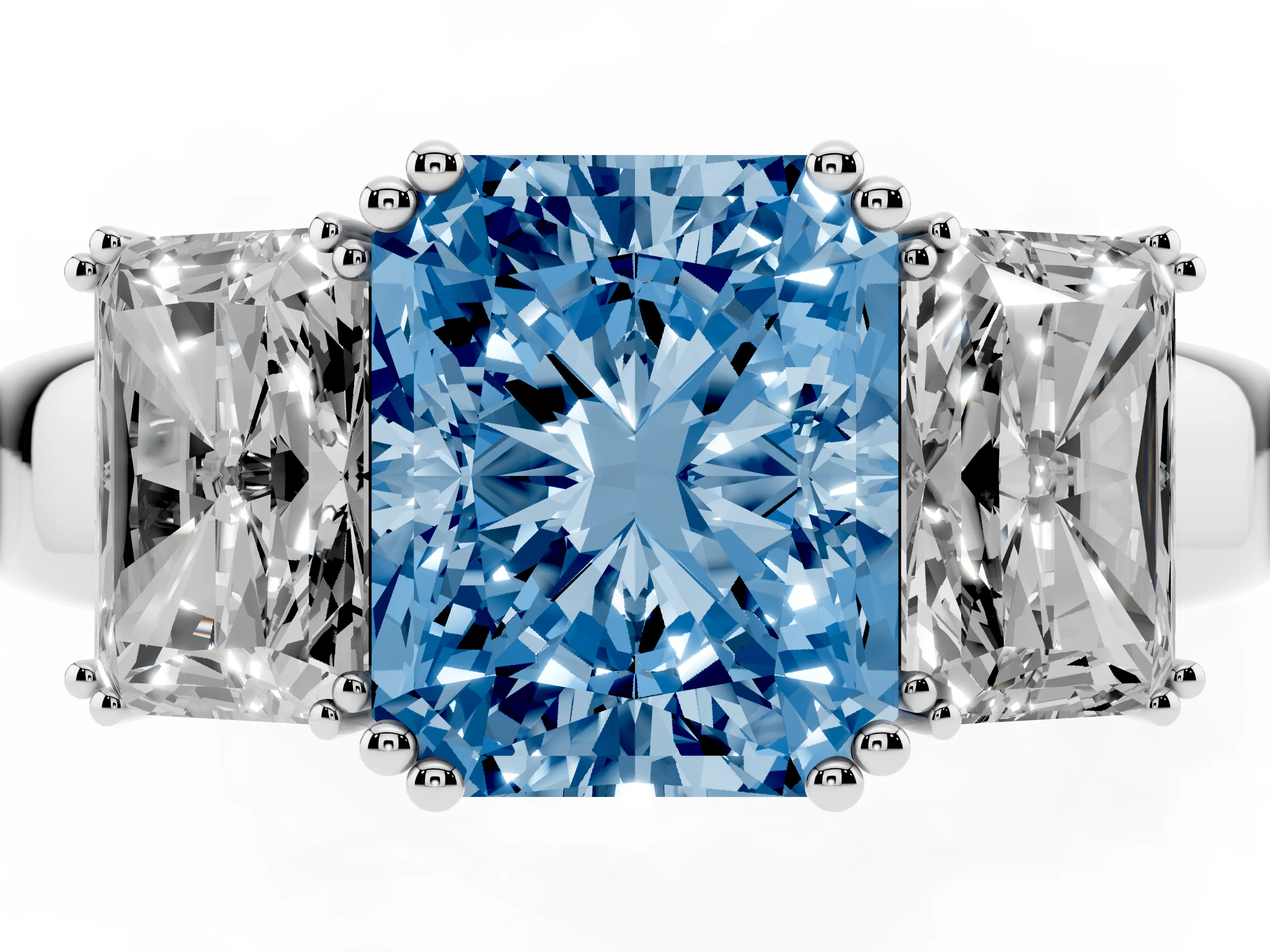 Fancy Blue Radiant Cut Diamond Three-Stone Ring Set in Platinum with Polished Channel-Set Band