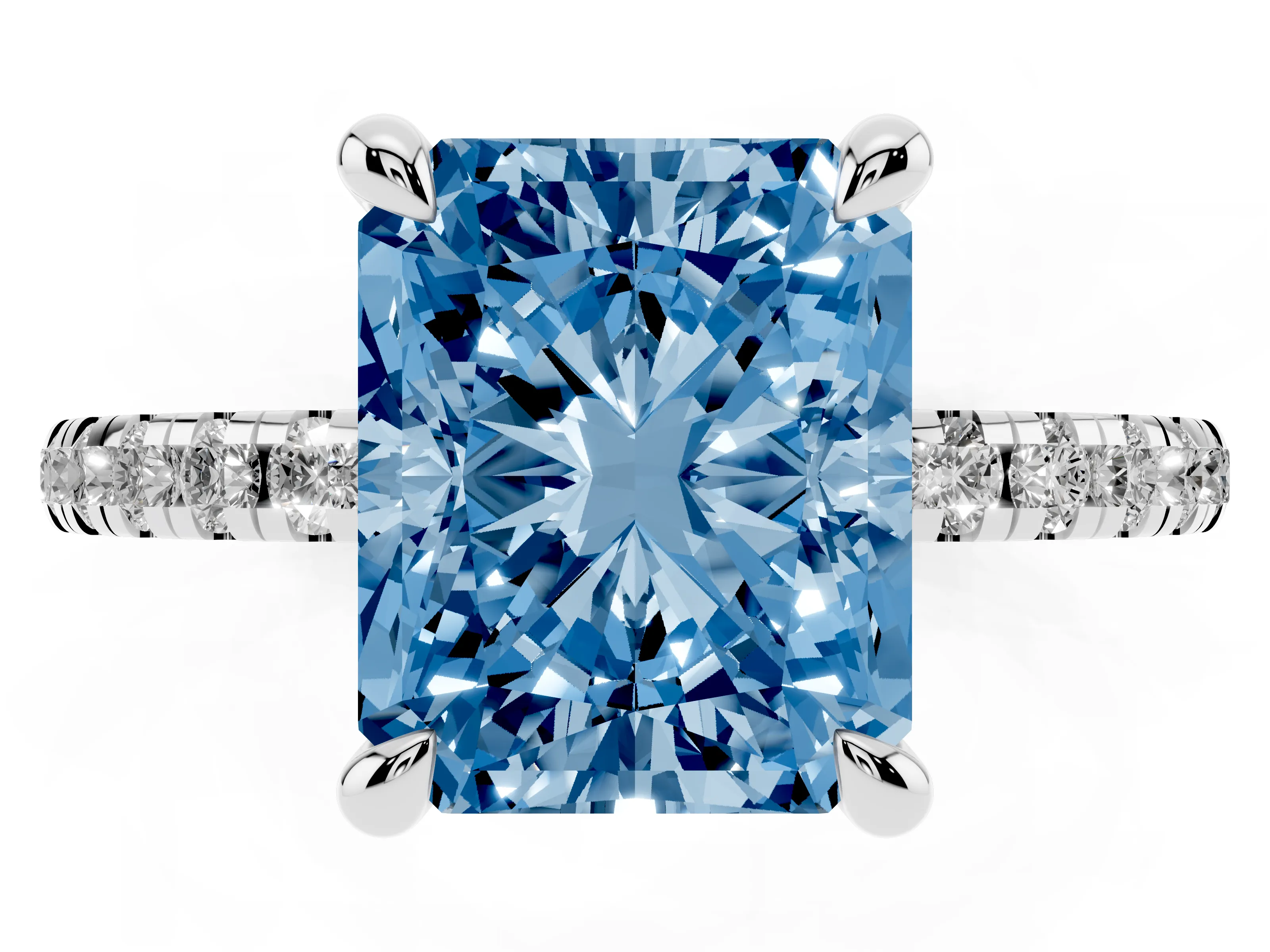 Fancy Blue Radiant Cut Diamond Brilliant Solitaire Ring Set in Platinum with Pavé Band and Prong Setting