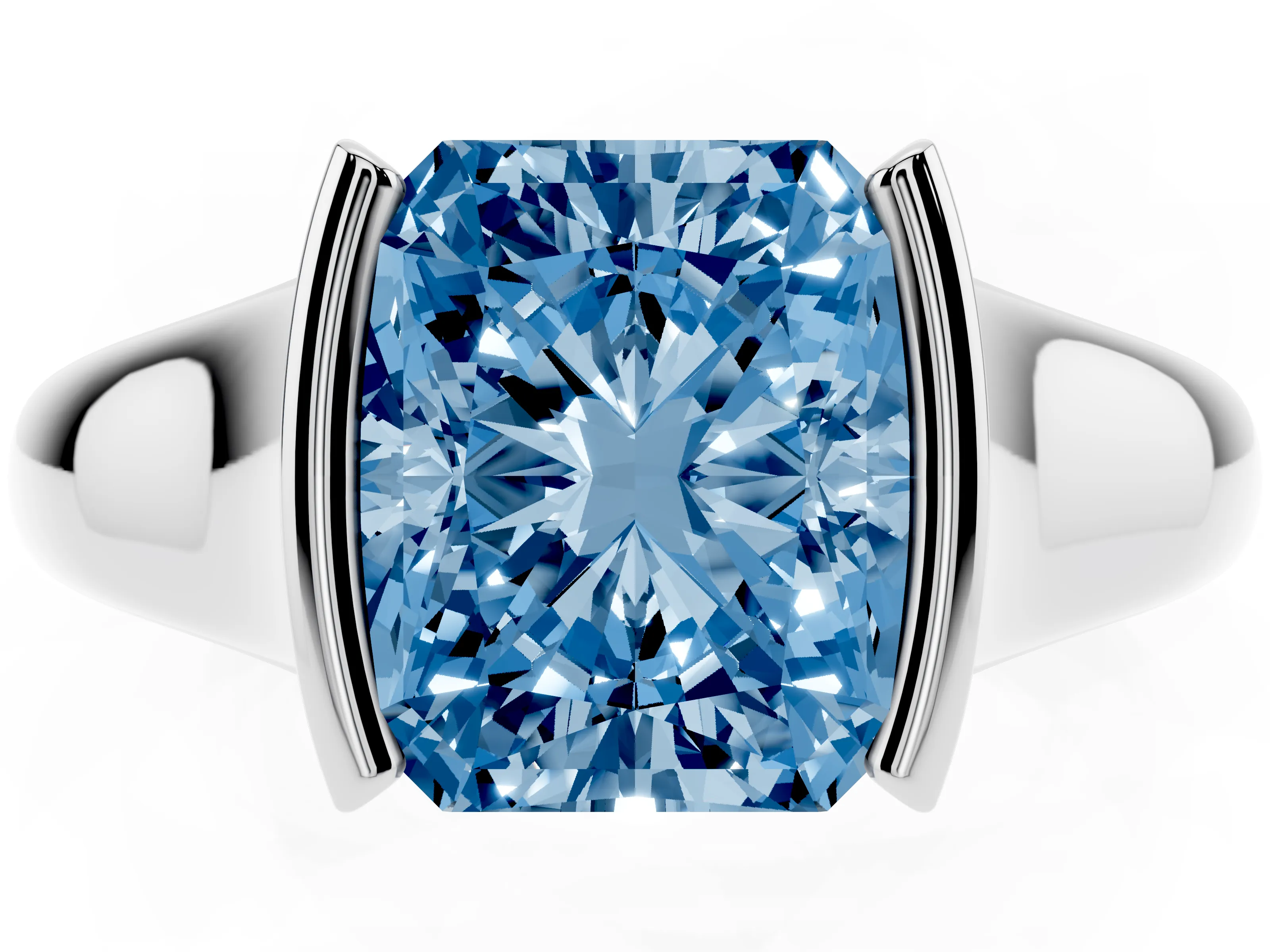 Fancy Blue Radiant Cut Diamond Solitaire Tension Set Ring Set in Platinum with Split Shank Band