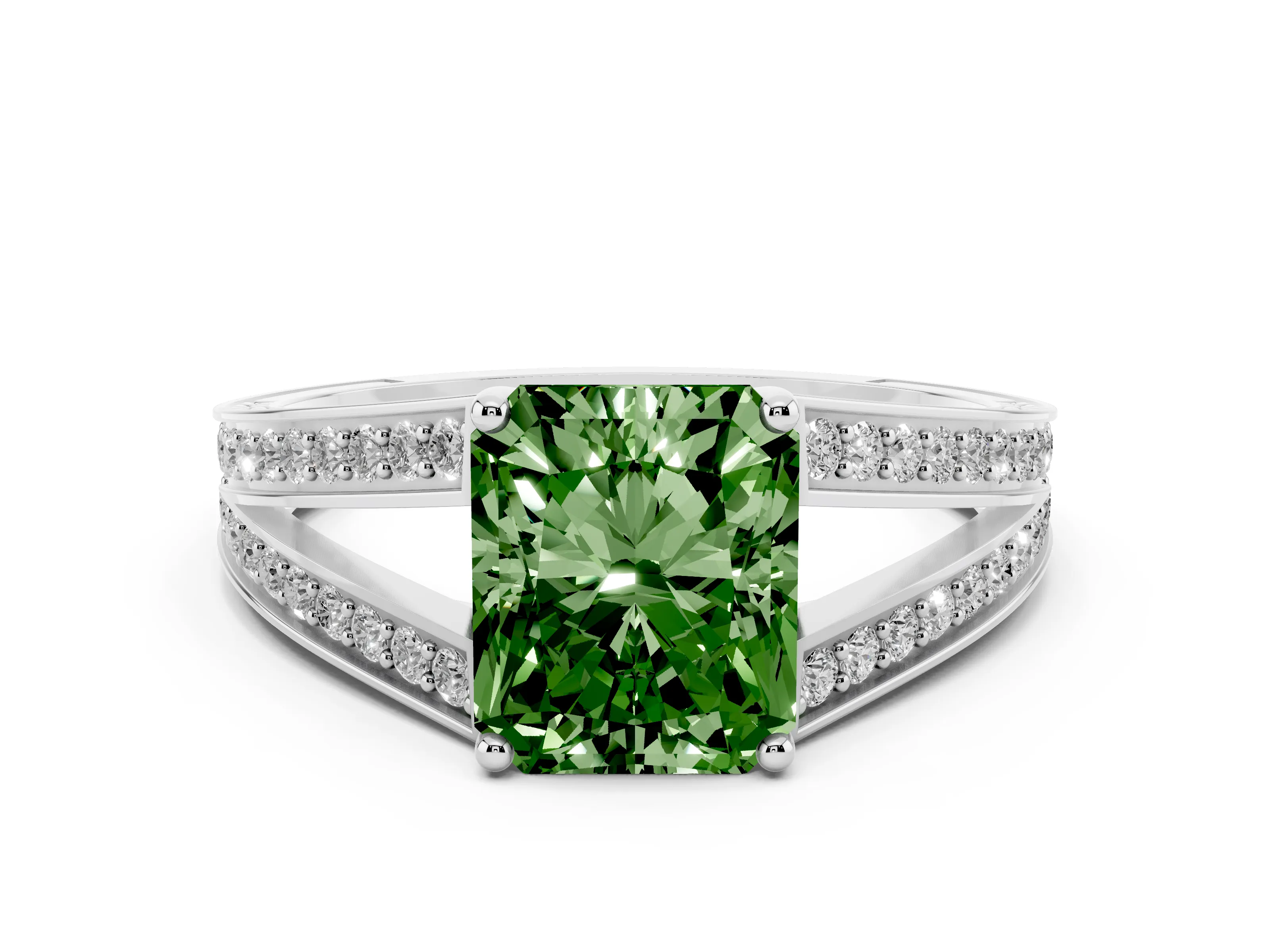 Fancy Green Radiant Cut Diamond Split Shank Ring Set in Platinum with Pavé Band and Prong Setting